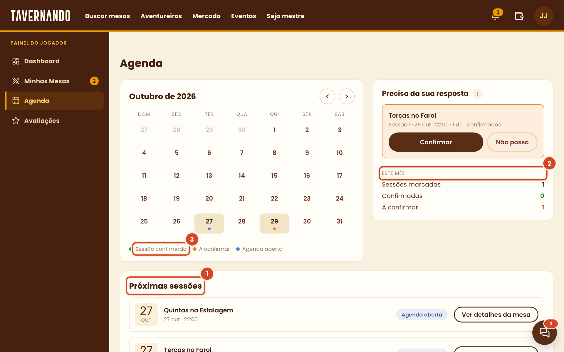 Agenda com a lista Próximas sessões, o quadro Este mês e a legenda de cores destacados