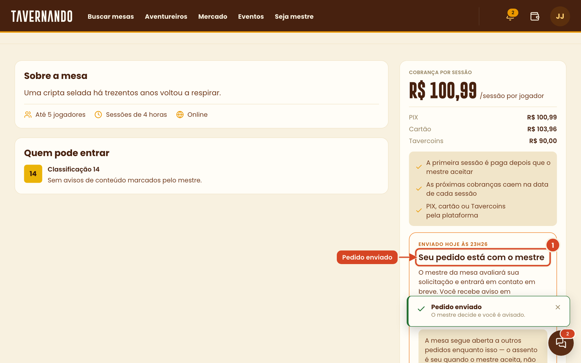 Quadro Seu pedido está com o mestre com o botão Cancelar meu pedido destacado