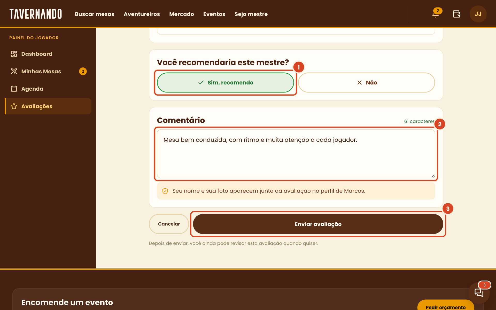 Fim do formulário com a recomendação, o campo de comentário e o botão Enviar avaliação destacados