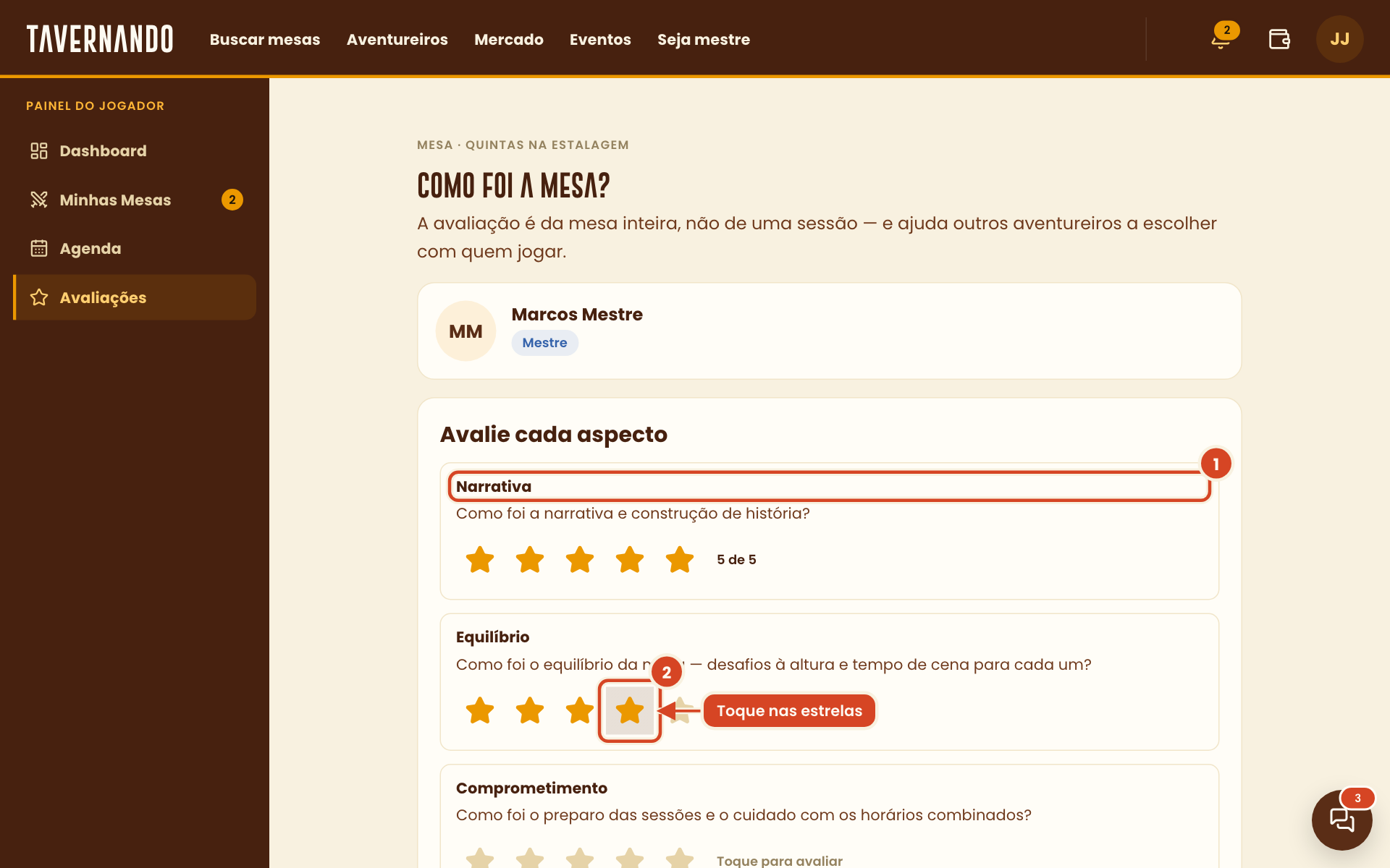 Formulário Como foi a mesa com os aspectos Narrativa e Equilíbrio avaliados em estrelas