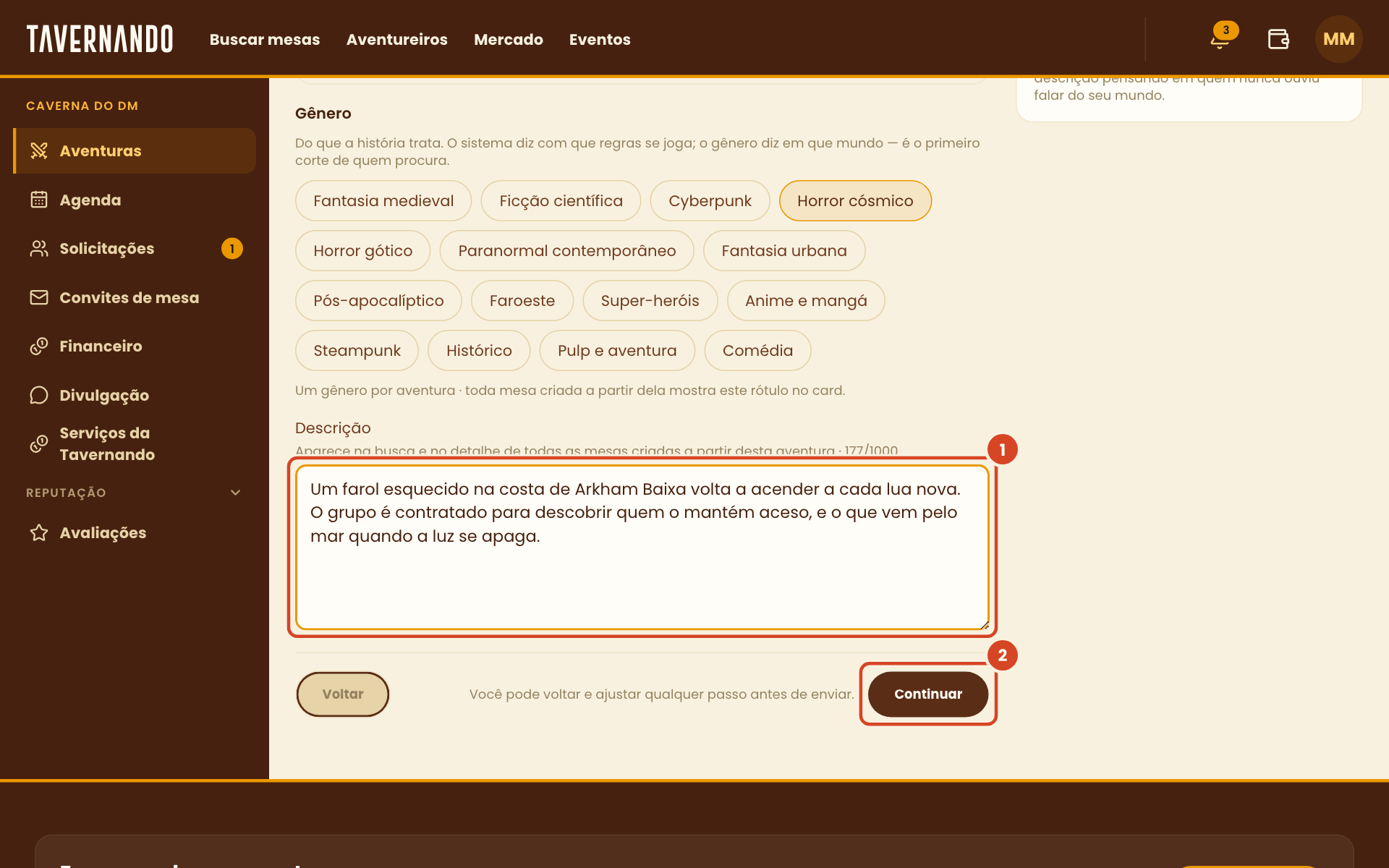 Campo Descrição preenchido e o botão Continuar destacados