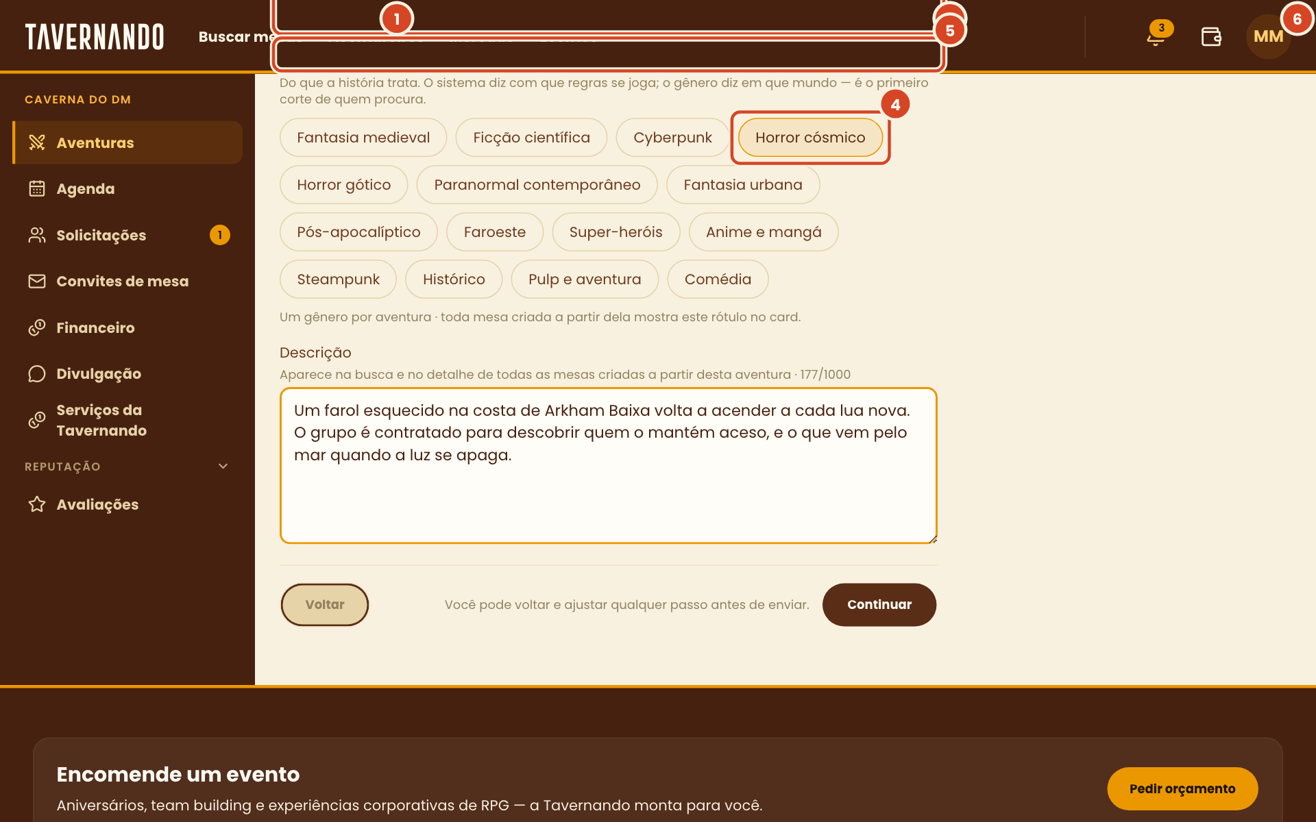 Passo Detalhes com nome, sistema, gênero, resumo e o botão Salvar rascunho destacados