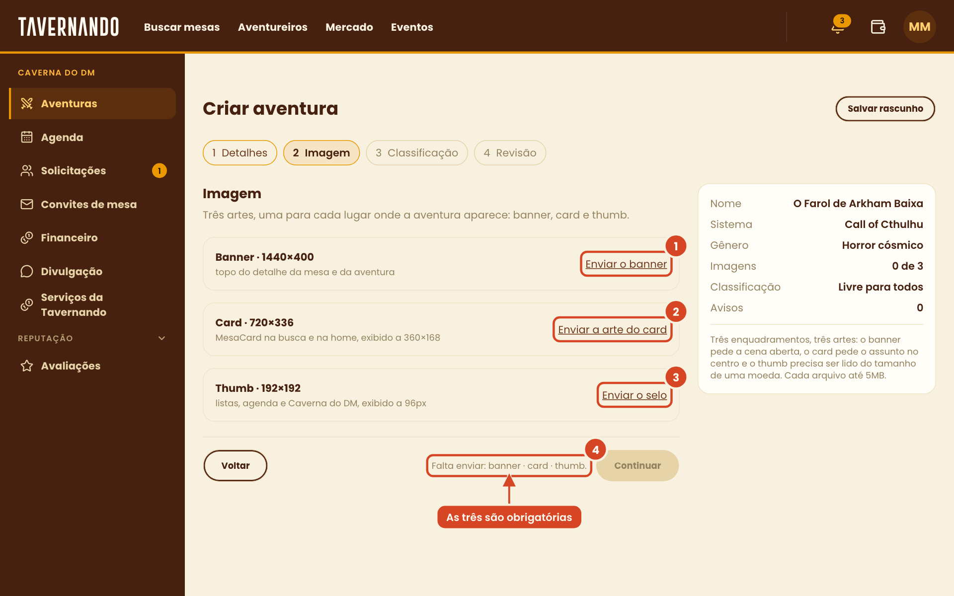 Passo Imagem com os envios de banner, card e thumb destacados
