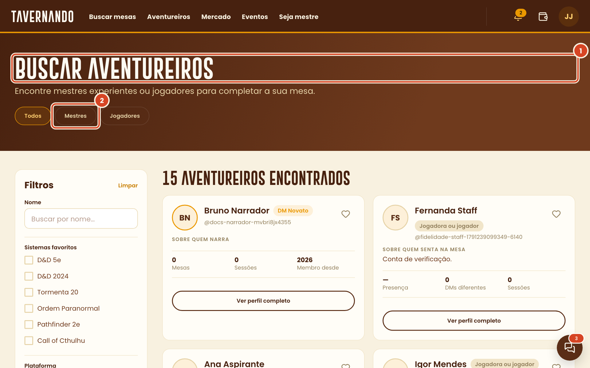 Tela Buscar aventureiros com o título e a aba Mestres destacados