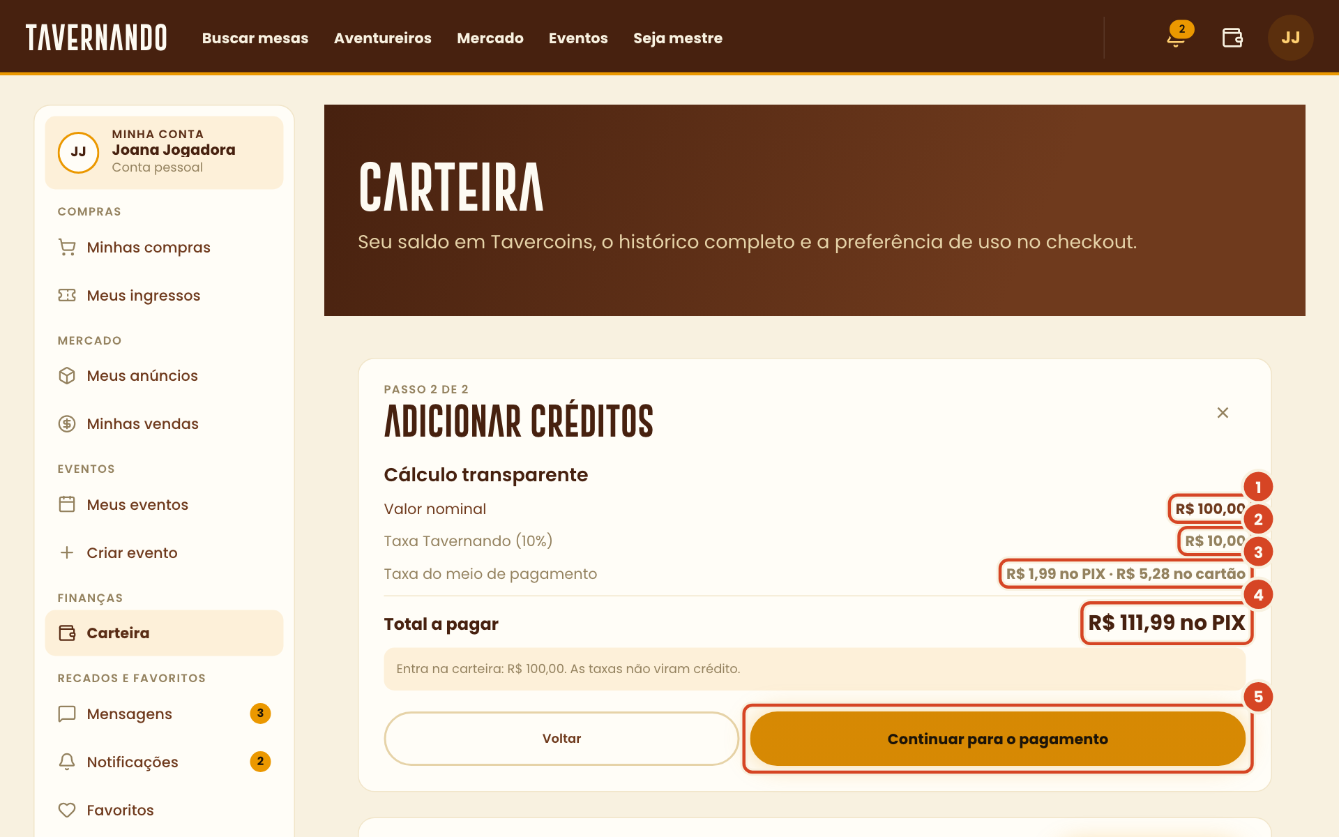 Passo 2 de Adicionar créditos com o valor nominal, as taxas, o total e o botão Continuar para o pagamento destacados