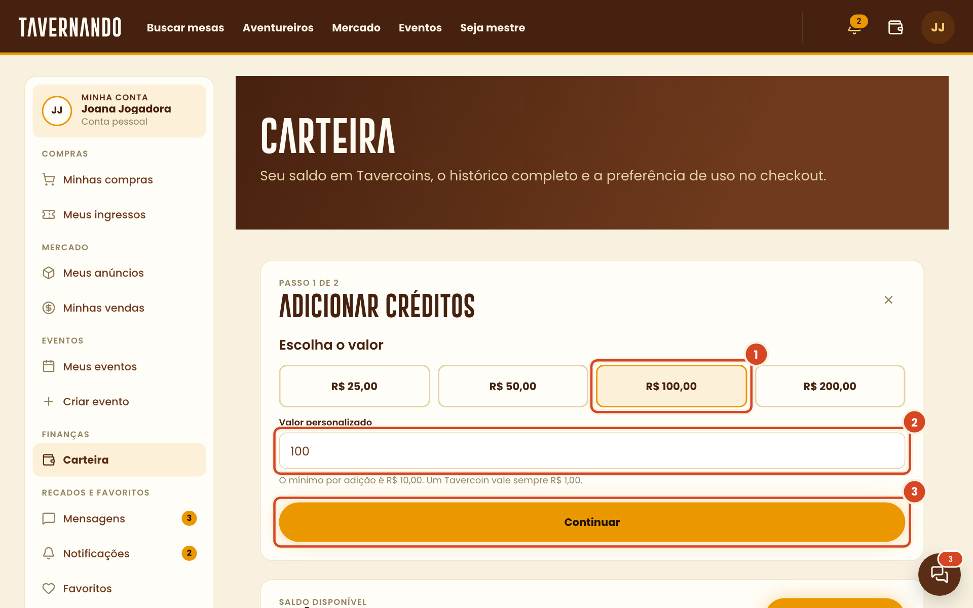 Painel Adicionar créditos com um valor pronto, o campo de valor personalizado e o botão Continuar destacados