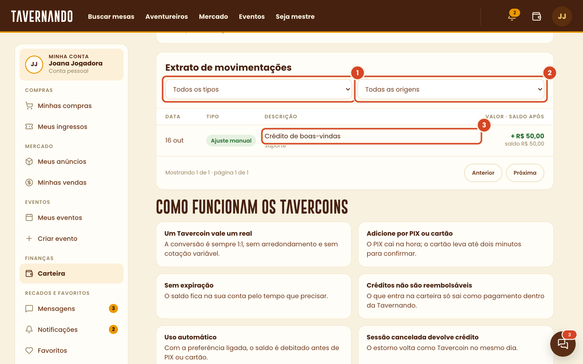 Extrato de movimentações com os filtros de tipo e de origem e uma movimentação destacados