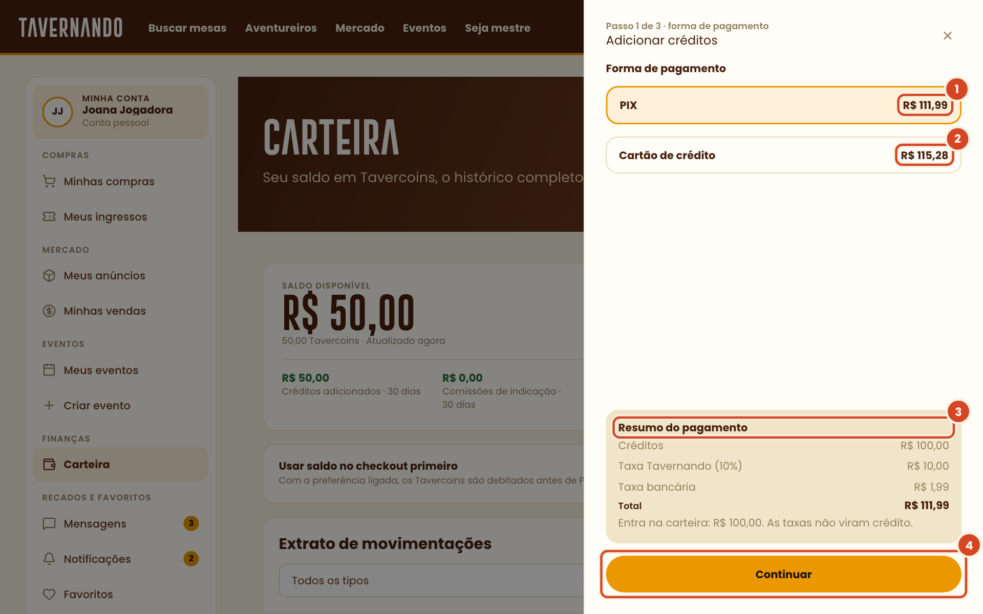 Gaveta de pagamento dos créditos com os valores de PIX e cartão, o resumo e o botão Continuar destacados