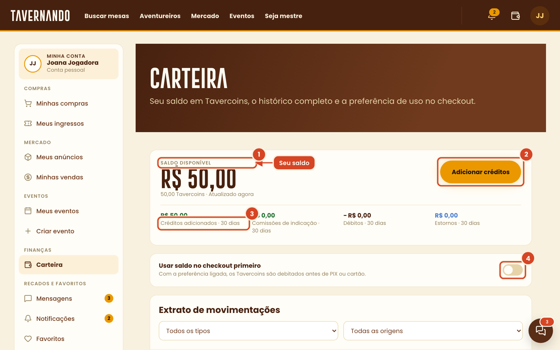 Carteira com o saldo disponível, o botão Adicionar créditos, o resumo de 30 dias e a chave de usar saldo destacados