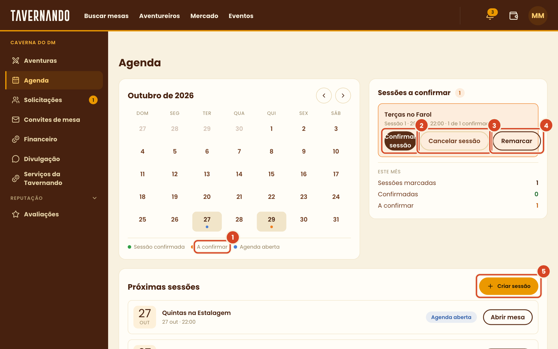 Agenda do mestre com um dia de sessão e os botões Confirmar sessão, Cancelar sessão, Remarcar e Criar sessão destacados