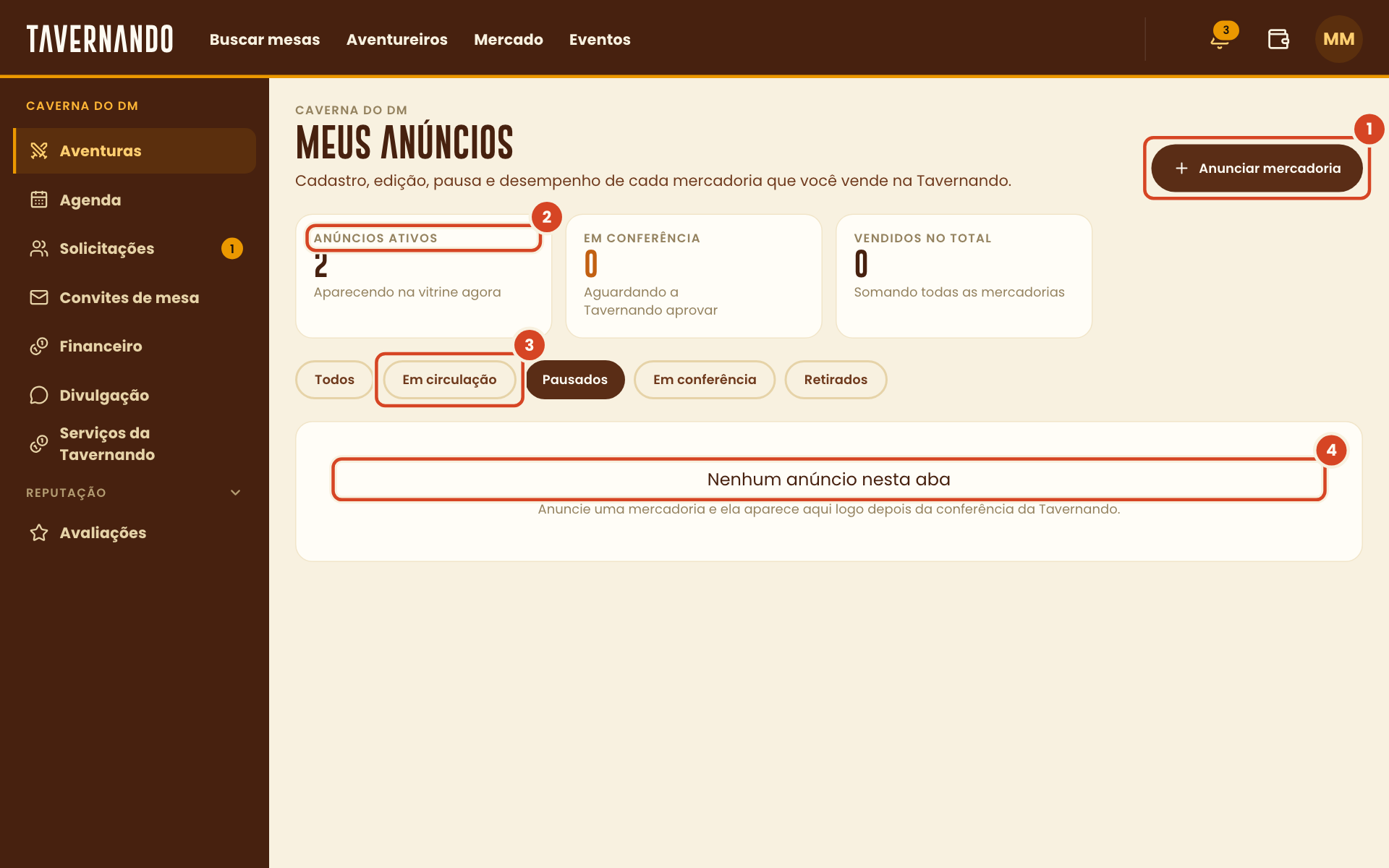 Meus anúncios com o botão Anunciar mercadoria, os contadores, os filtros e o aviso de lista vazia destacados