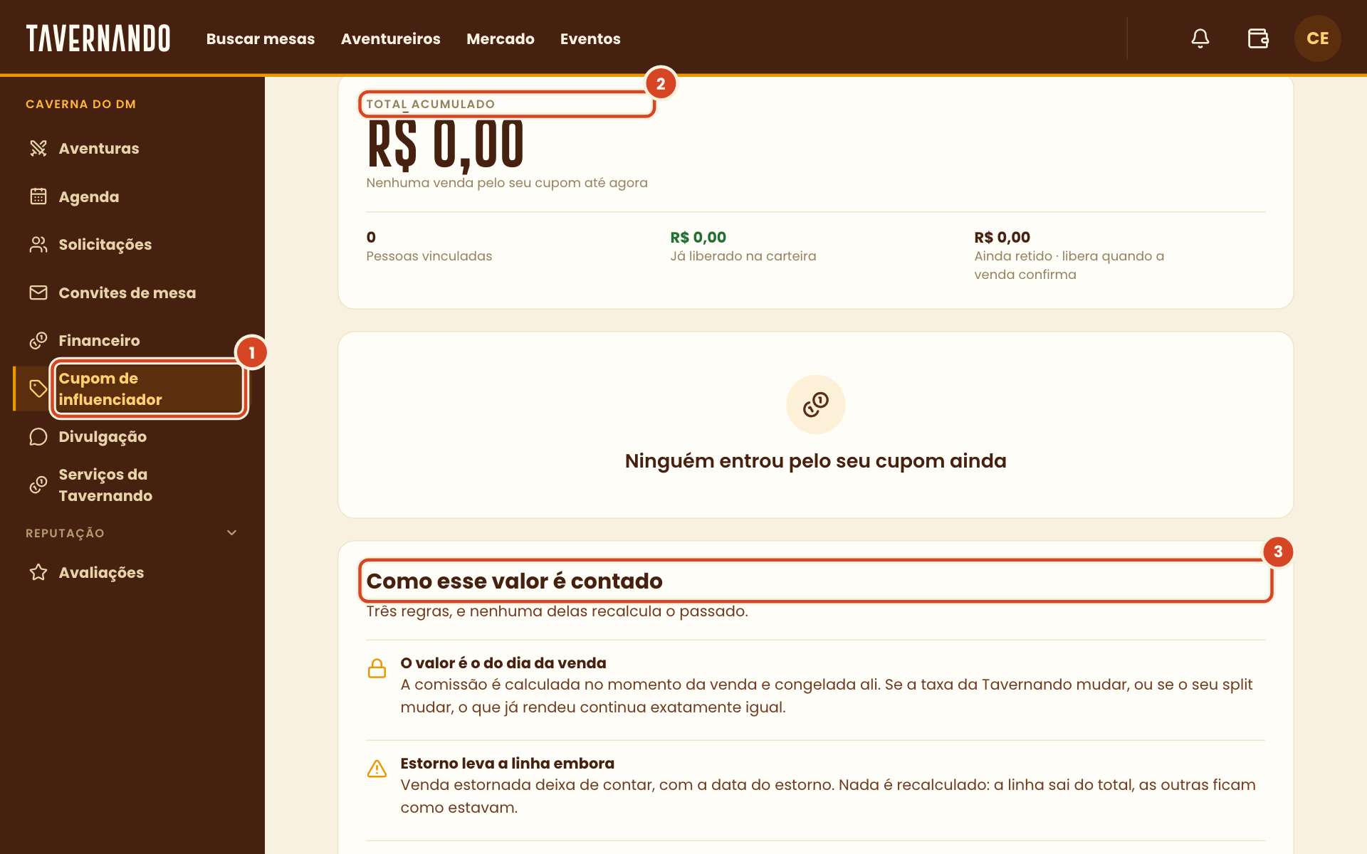 Tela do cupom com o item do menu, o total acumulado e as regras de contagem destacados