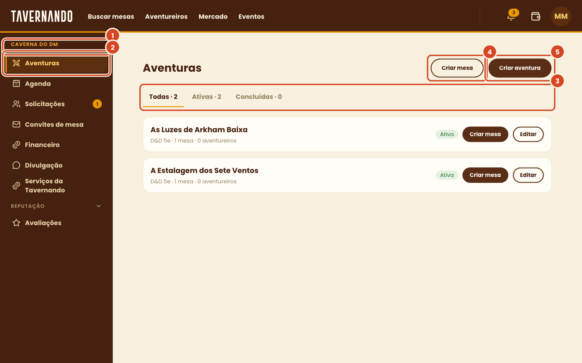 Caverna do DM aberta em Aventuras com o nome da lateral, o item Aventuras, as abas Todas, Ativas e Concluídas e os botões Criar mesa e Criar aventura destacados