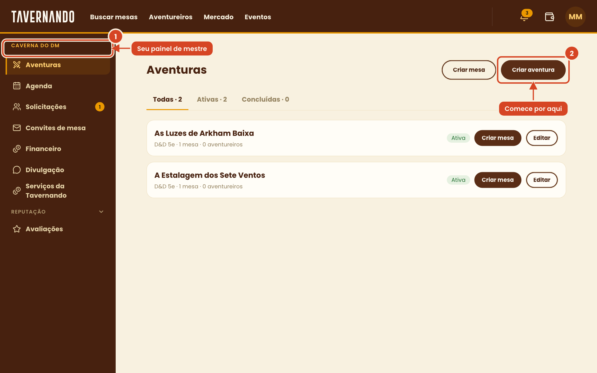 Caverna do DM com o menu do mestre e o botão Criar aventura destacados