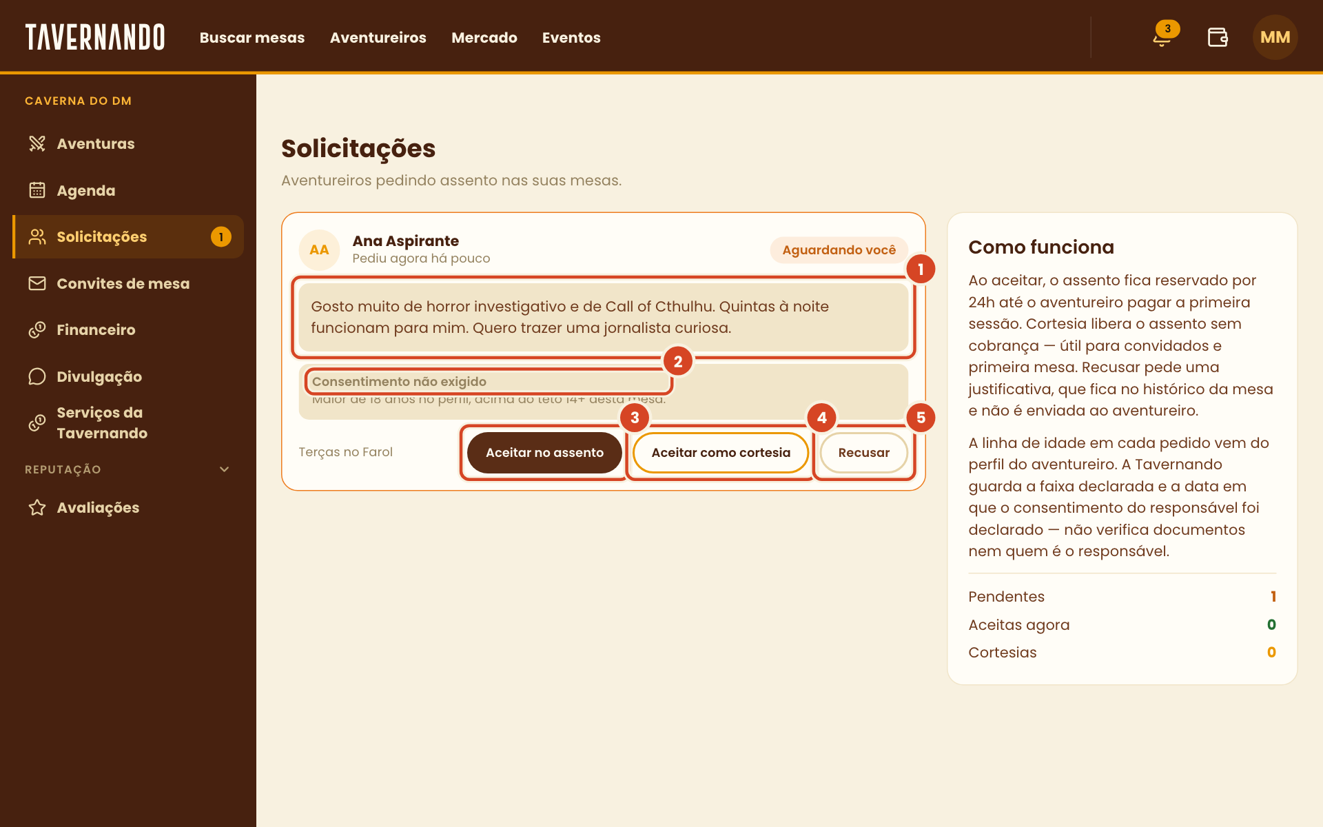 Pedido de assento com o recado, a linha de idade e os botões Aceitar no assento, Aceitar como cortesia e Recusar destacados