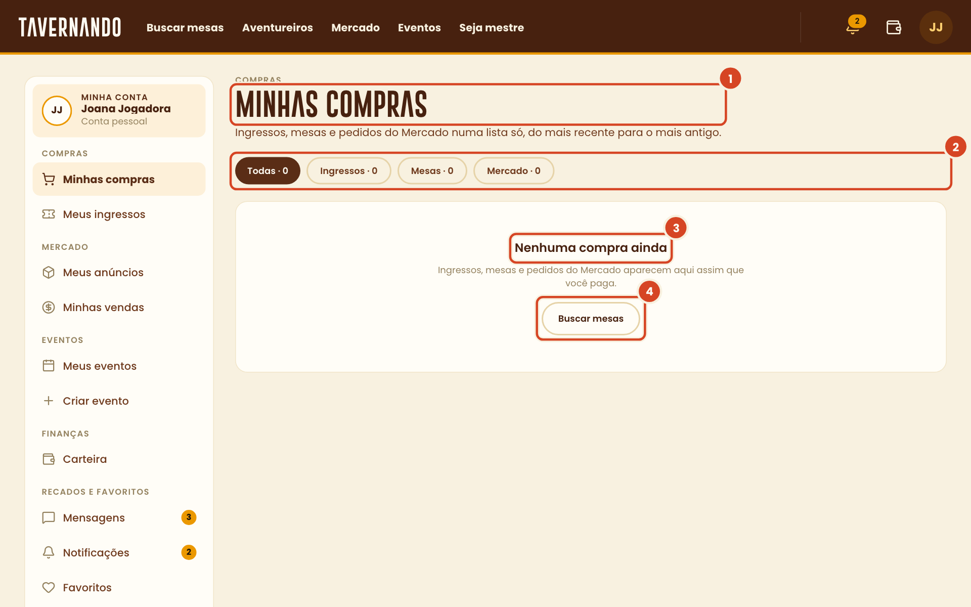Página Minhas compras com o título, os filtros por tipo, o aviso de que não há compras e o botão de busca destacados