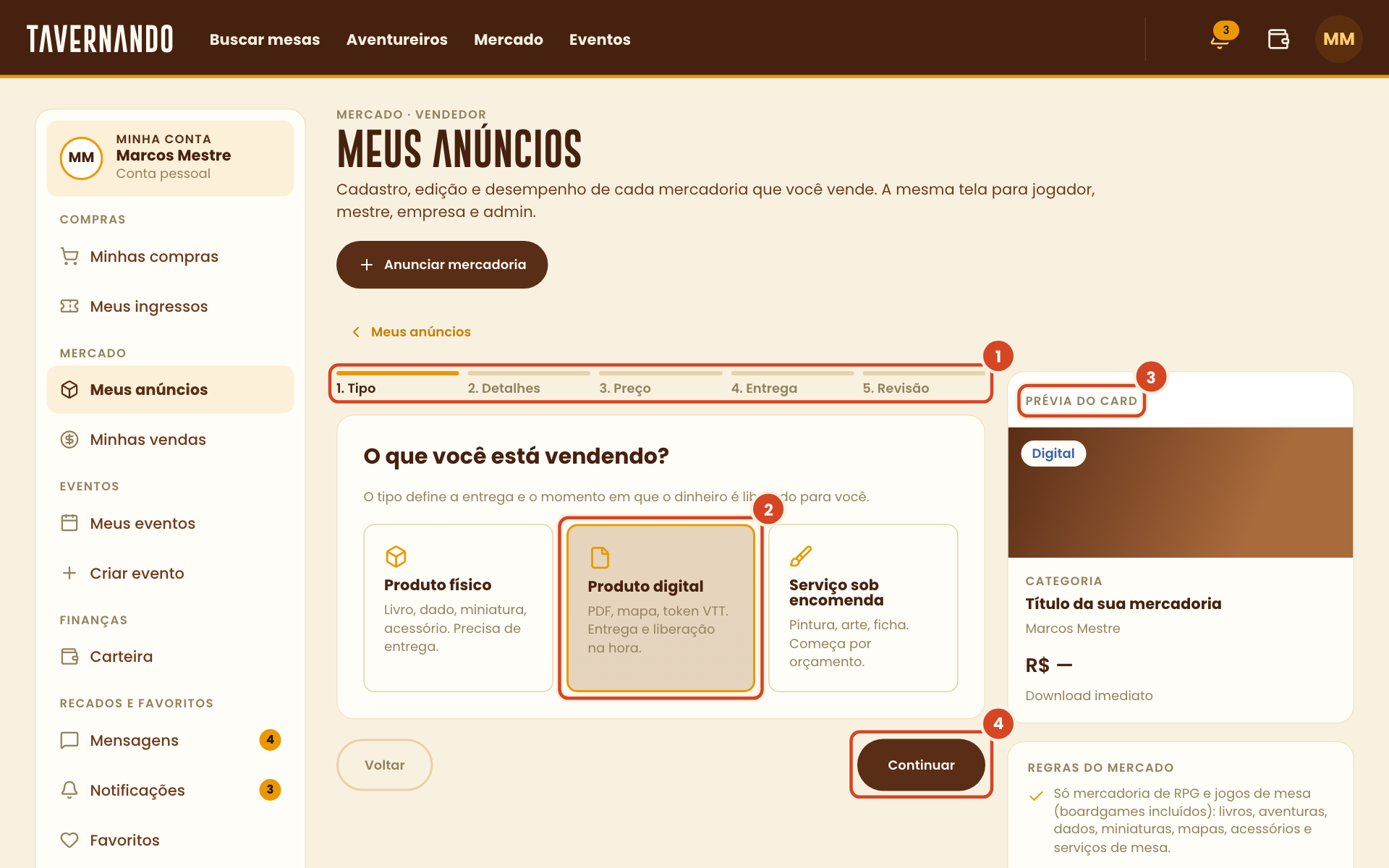Primeiro passo do cadastro com a trilha de cinco passos, o tipo Produto digital, a prévia do card e o botão Continuar destacados