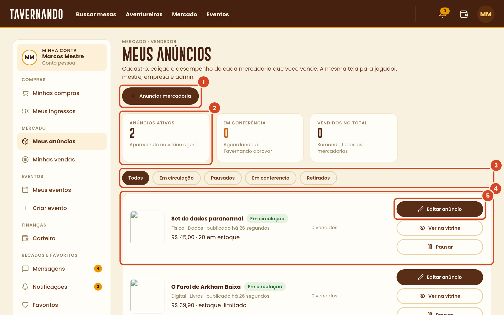 Página Meus anúncios com o botão Anunciar mercadoria, o contador de anúncios ativos, os filtros e a primeira mercadoria com o botão Editar anúncio destacados