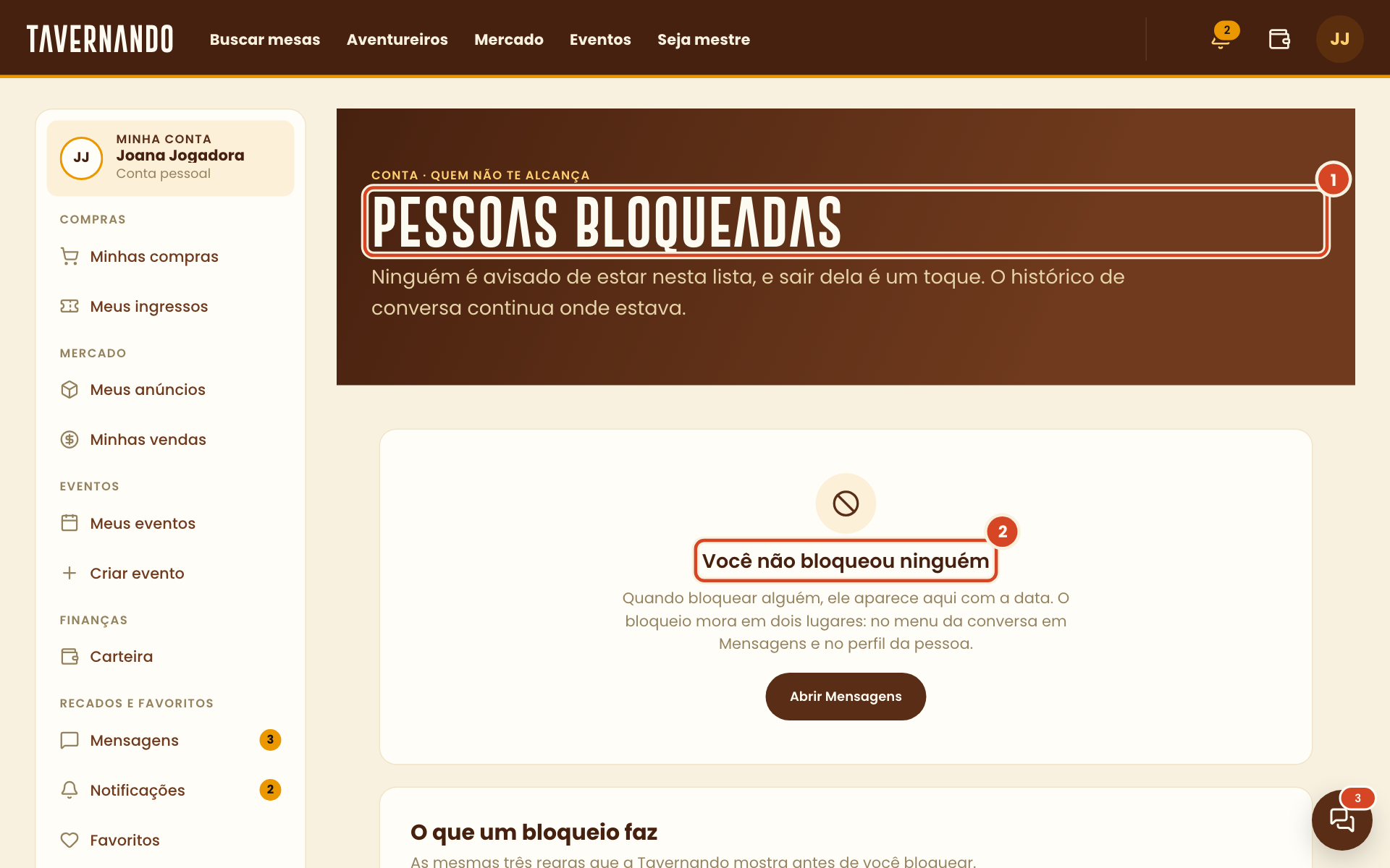 Página Pessoas bloqueadas com o título e o aviso de que ninguém foi bloqueado destacados