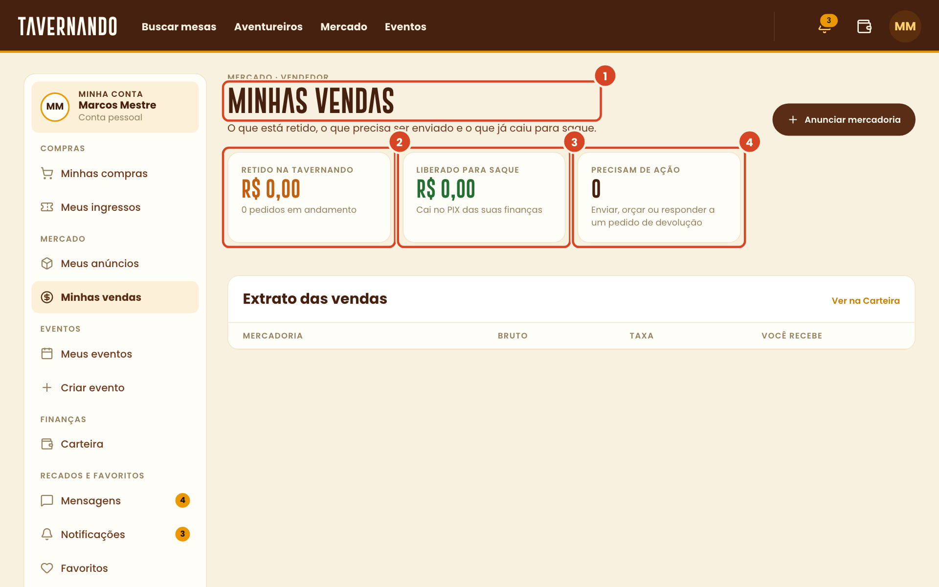 Página Minhas vendas com o título e os quadros Retido na Tavernando, Liberado para saque e Precisam de ação destacados