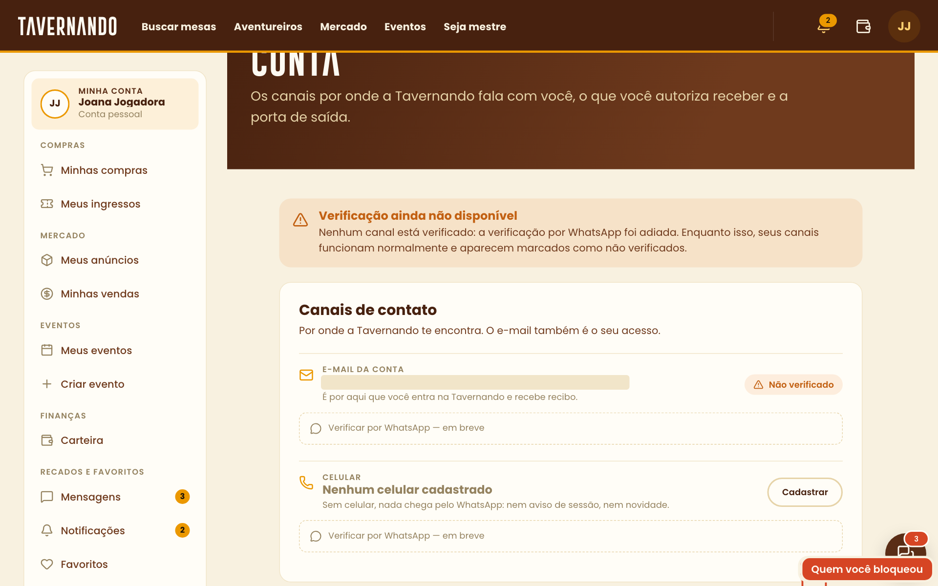 Página Conta com a chave de comunicações de marketing e o botão Ver a lista destacados