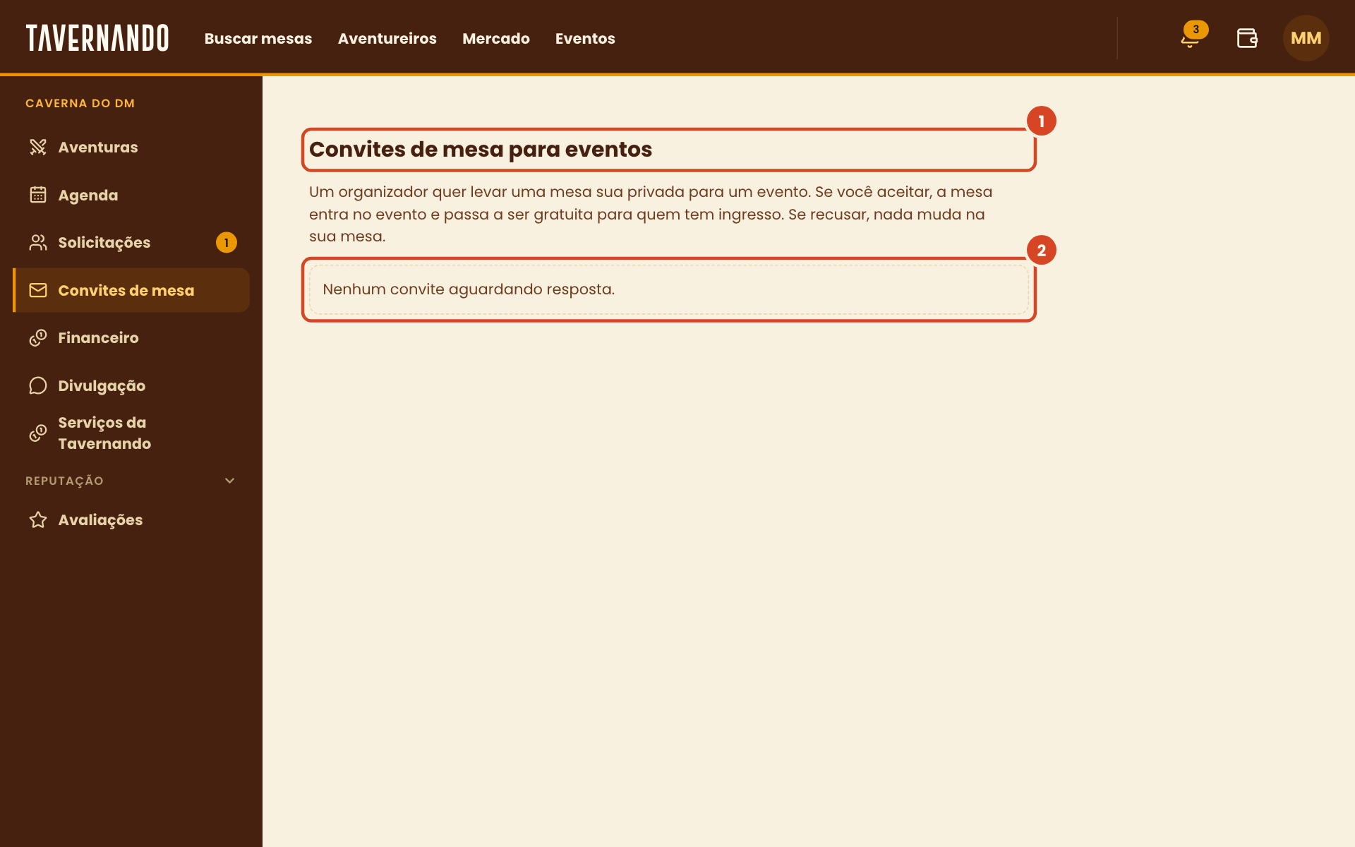 Página Convites de mesa para eventos com o título e o aviso de que nenhum convite aguarda resposta destacados