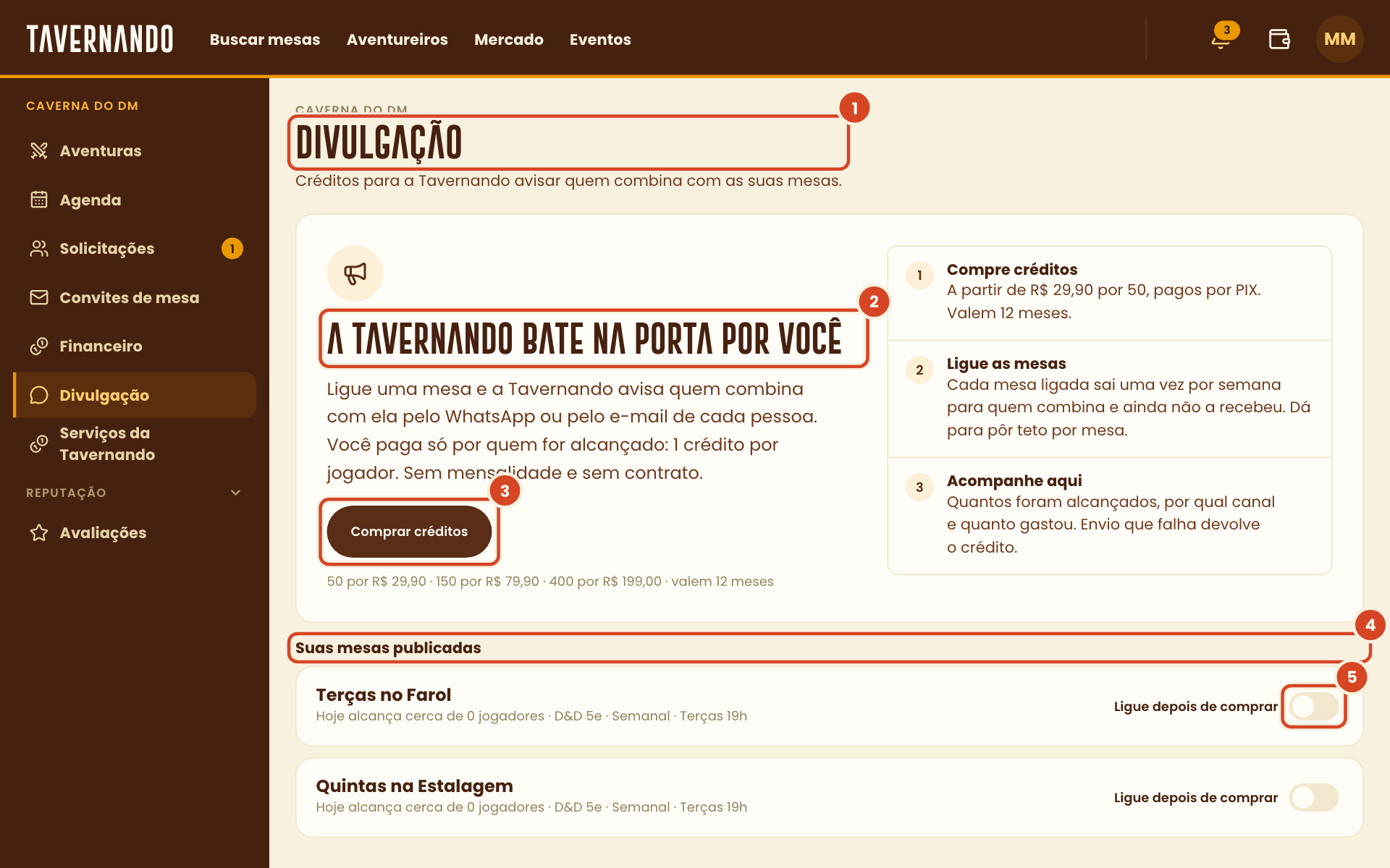 Página Divulgação na primeira visita com o título, a chamada A Tavernando bate na porta por você, o botão Comprar créditos, o bloco Suas mesas publicadas e a chave de uma mesa destacados
