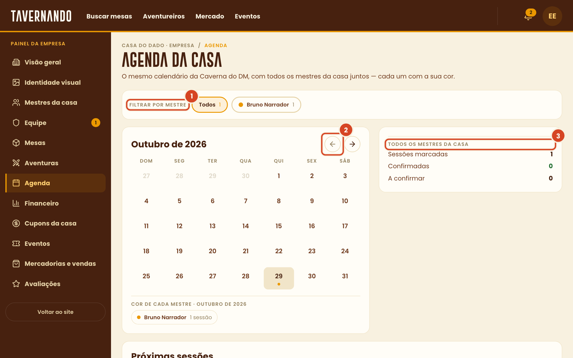 Agenda da casa com o filtro por mestre, o botão do mês anterior e a opção Todos os mestres da casa destacados