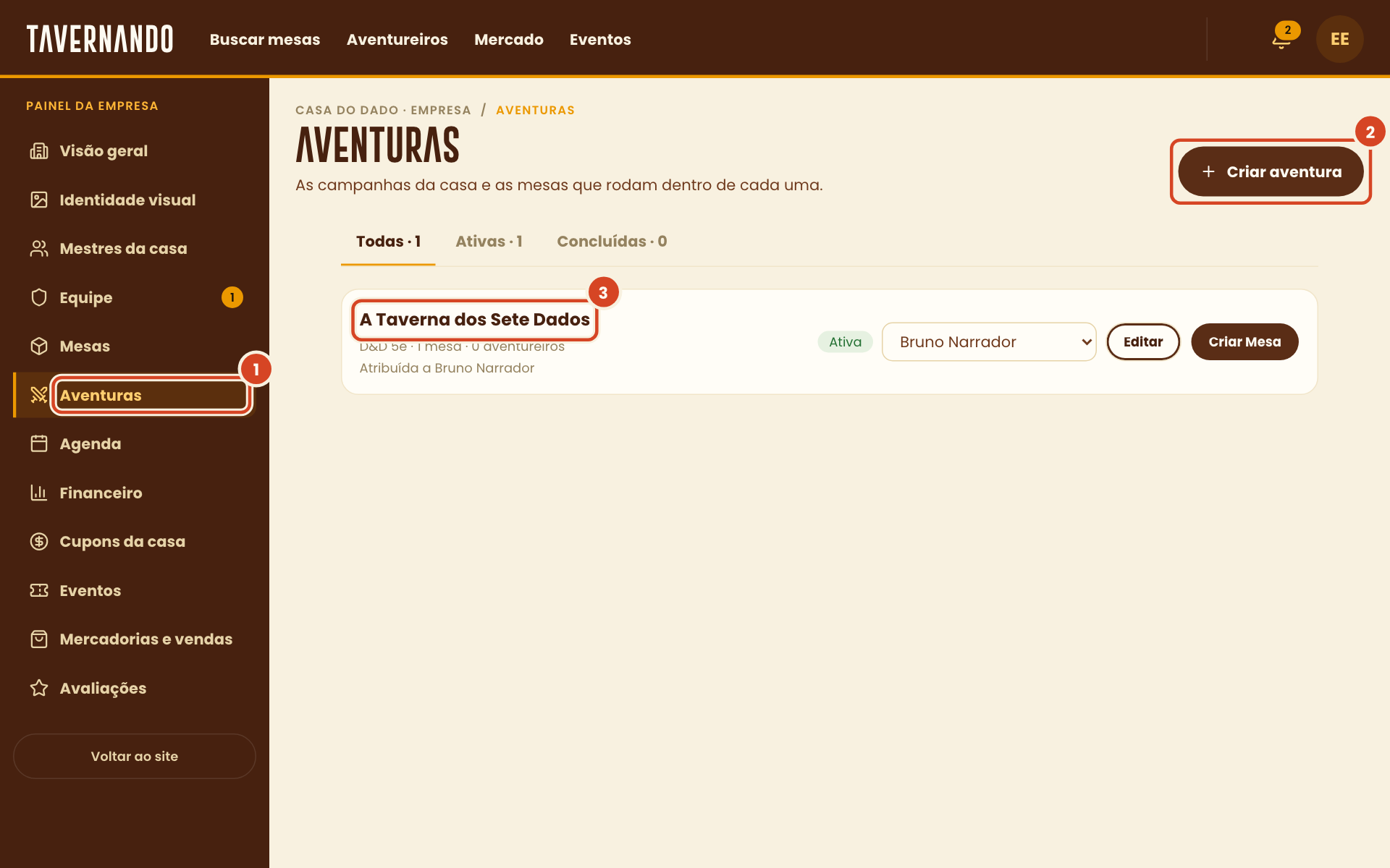 Lista de aventuras da casa com o título, o botão Criar aventura e uma aventura destacados