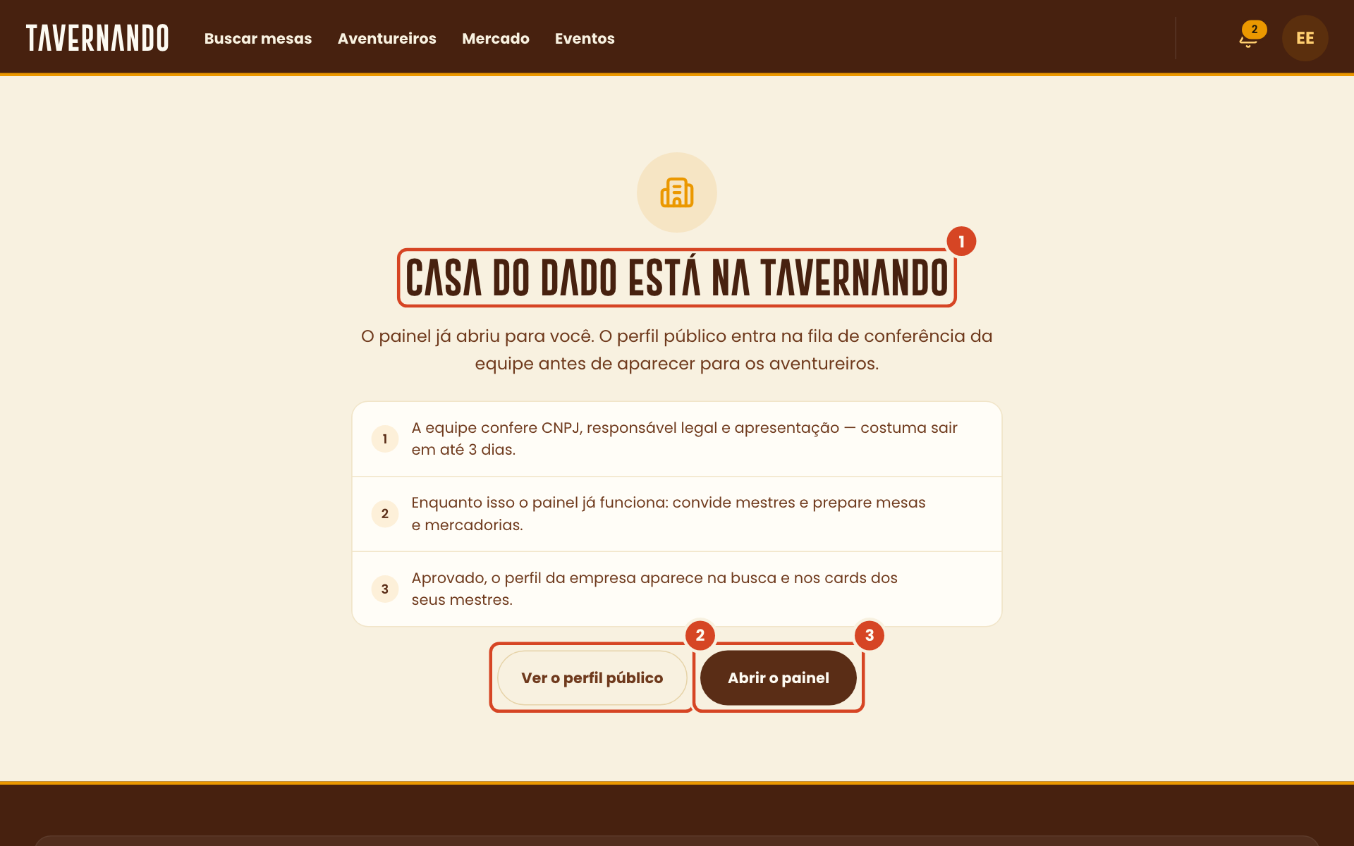 Tela Empresa criada com o título, o botão Ver o perfil público e o botão Abrir o painel destacados