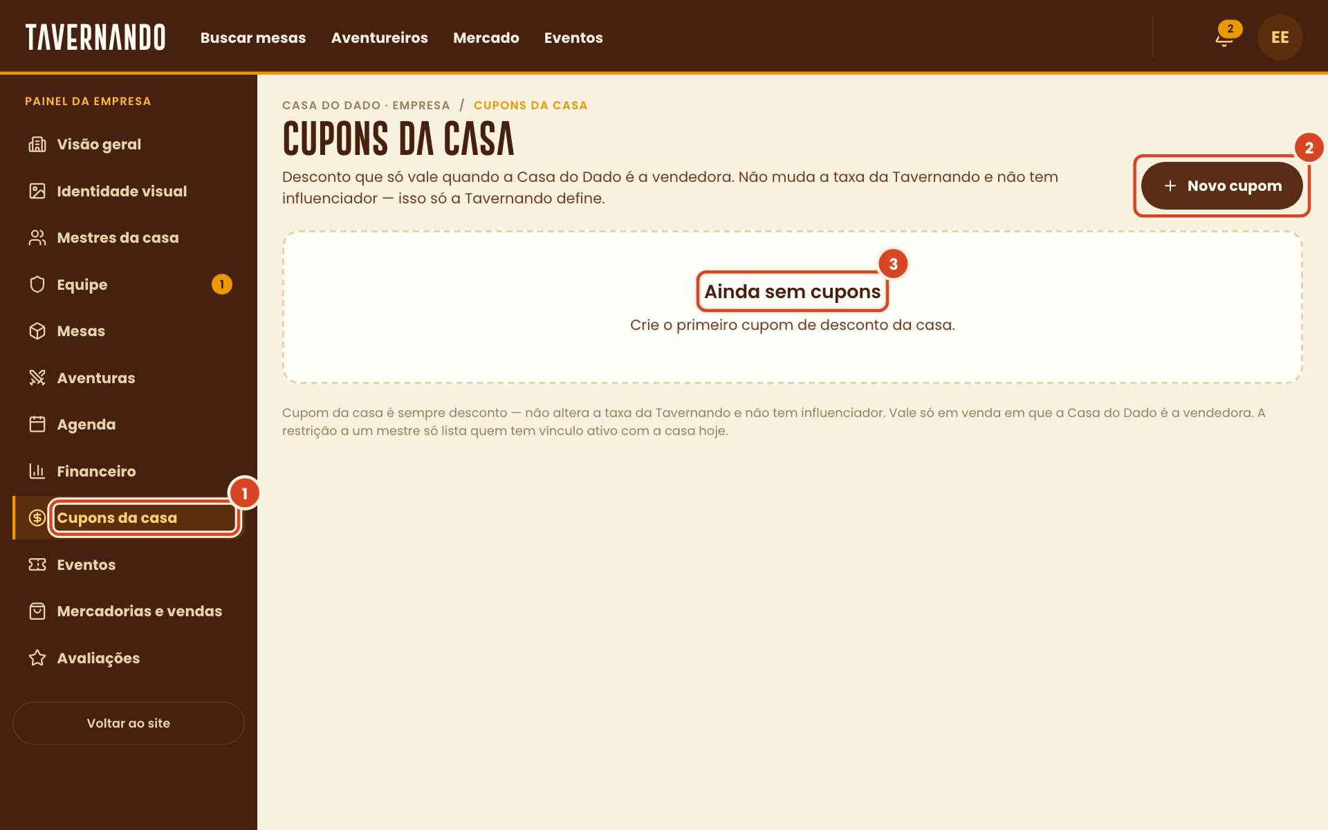 Cupons da casa com o título, o botão Novo cupom e o aviso Ainda sem cupons destacados