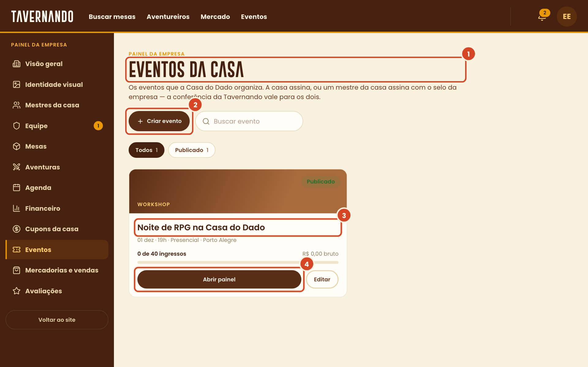 Eventos da casa com o título, o botão Criar evento, um evento publicado e o botão Abrir painel destacados