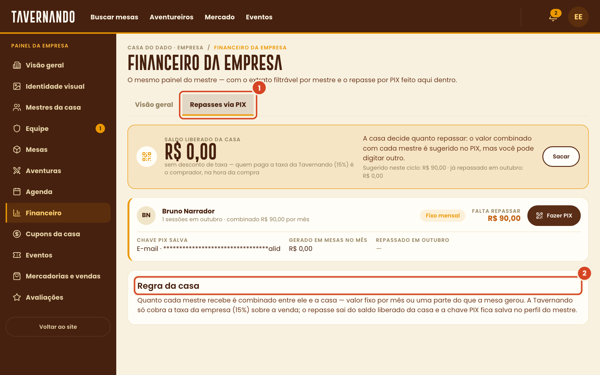 Aba Repasses via PIX com a aba e a Regra da casa destacadas