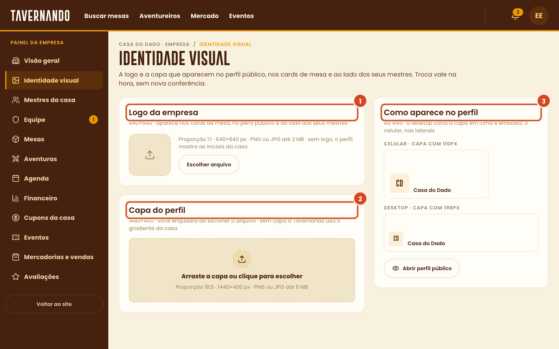 Identidade visual com a logo da empresa, a capa do perfil e a prévia Como aparece no perfil destacadas