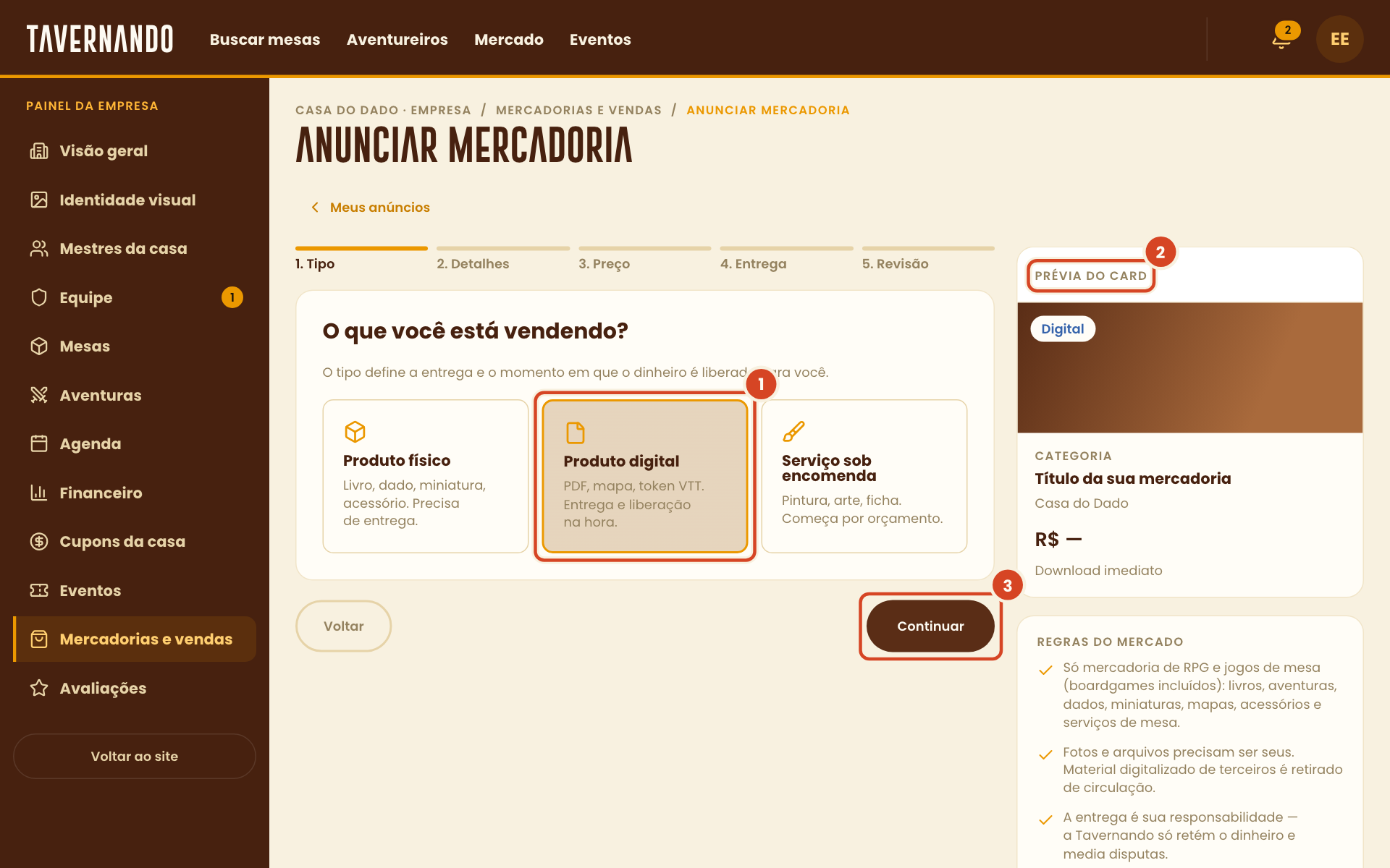 Primeiro passo do anúncio com os tipos de mercadoria, a prévia do card e o botão Continuar destacados