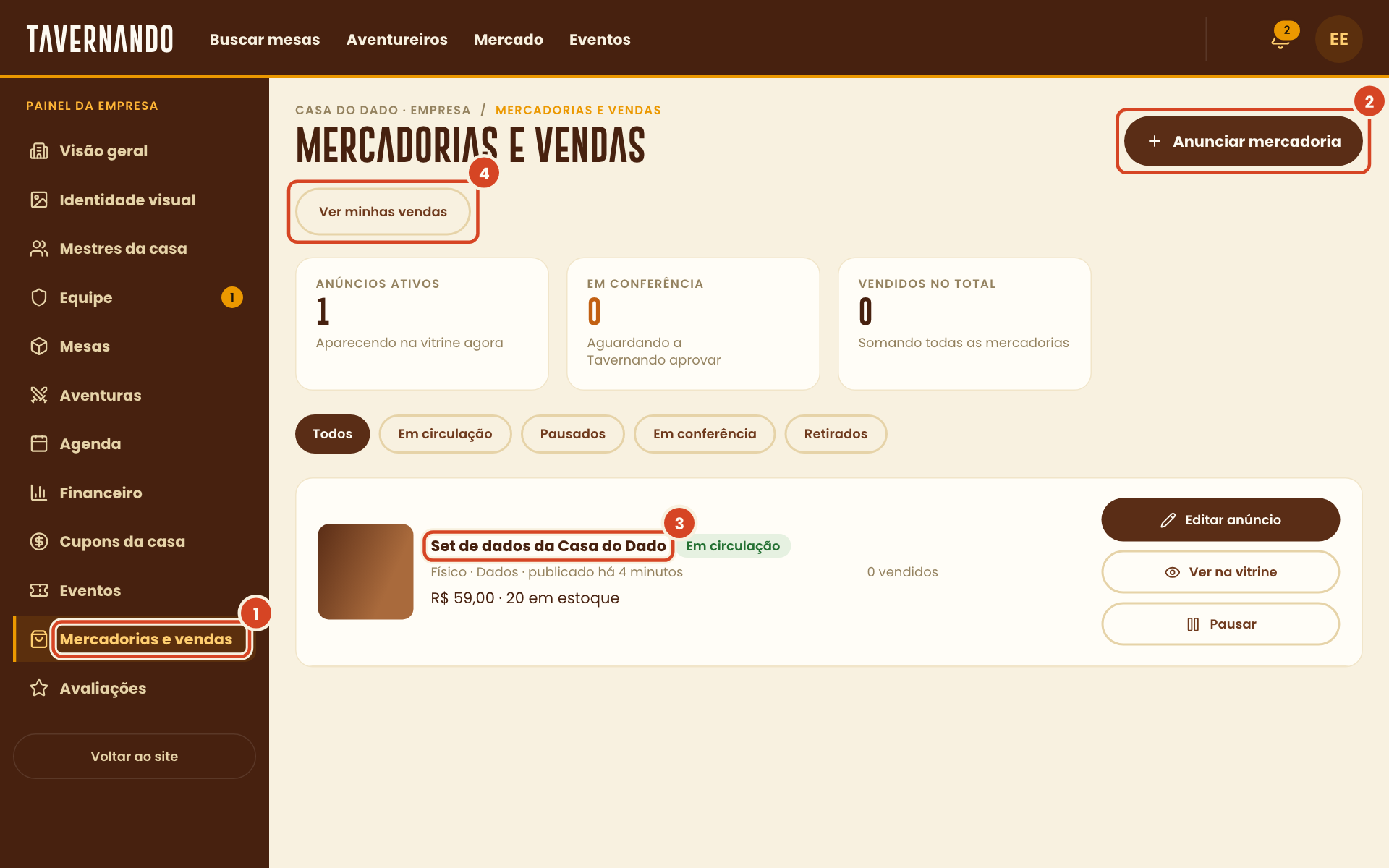 Mercadorias e vendas com o título, o botão Anunciar mercadoria, um anúncio da casa e o link para as vendas destacados