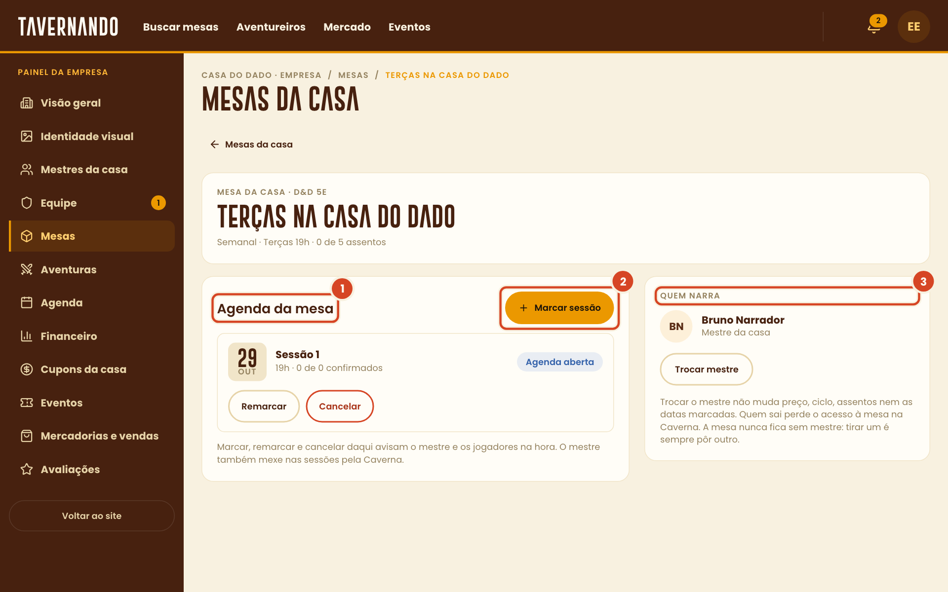 Página de uma mesa da casa com a agenda da mesa, o botão Marcar sessão e o mestre que narra destacados