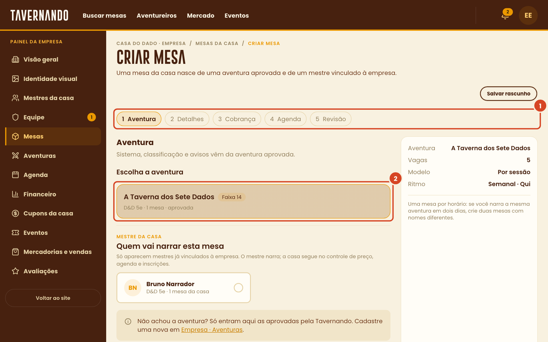 Assistente de nova mesa com a trilha de passos, a aventura escolhida e o botão Continuar destacados