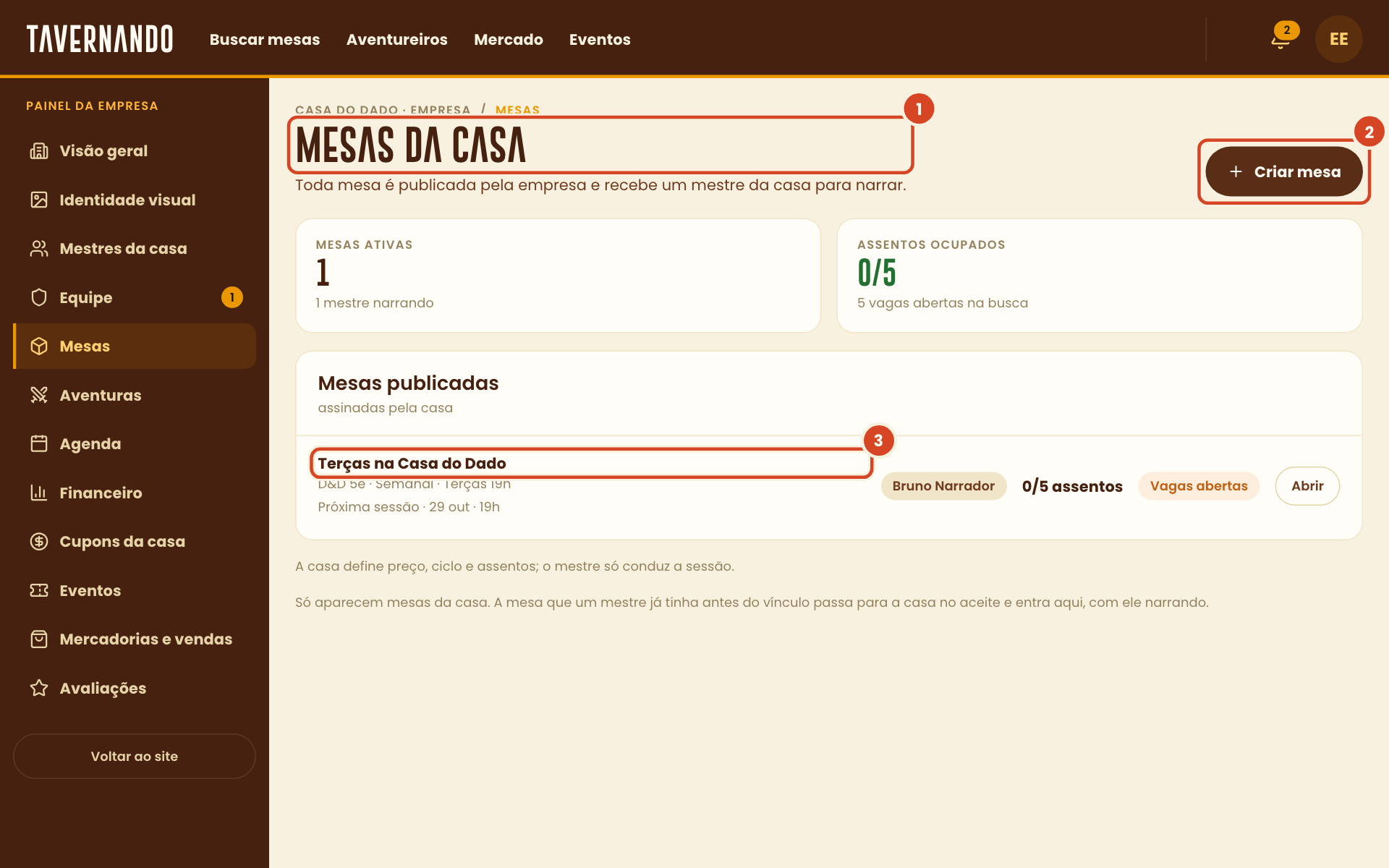 Lista de mesas da casa com o título, o botão Criar mesa e uma mesa publicada destacados