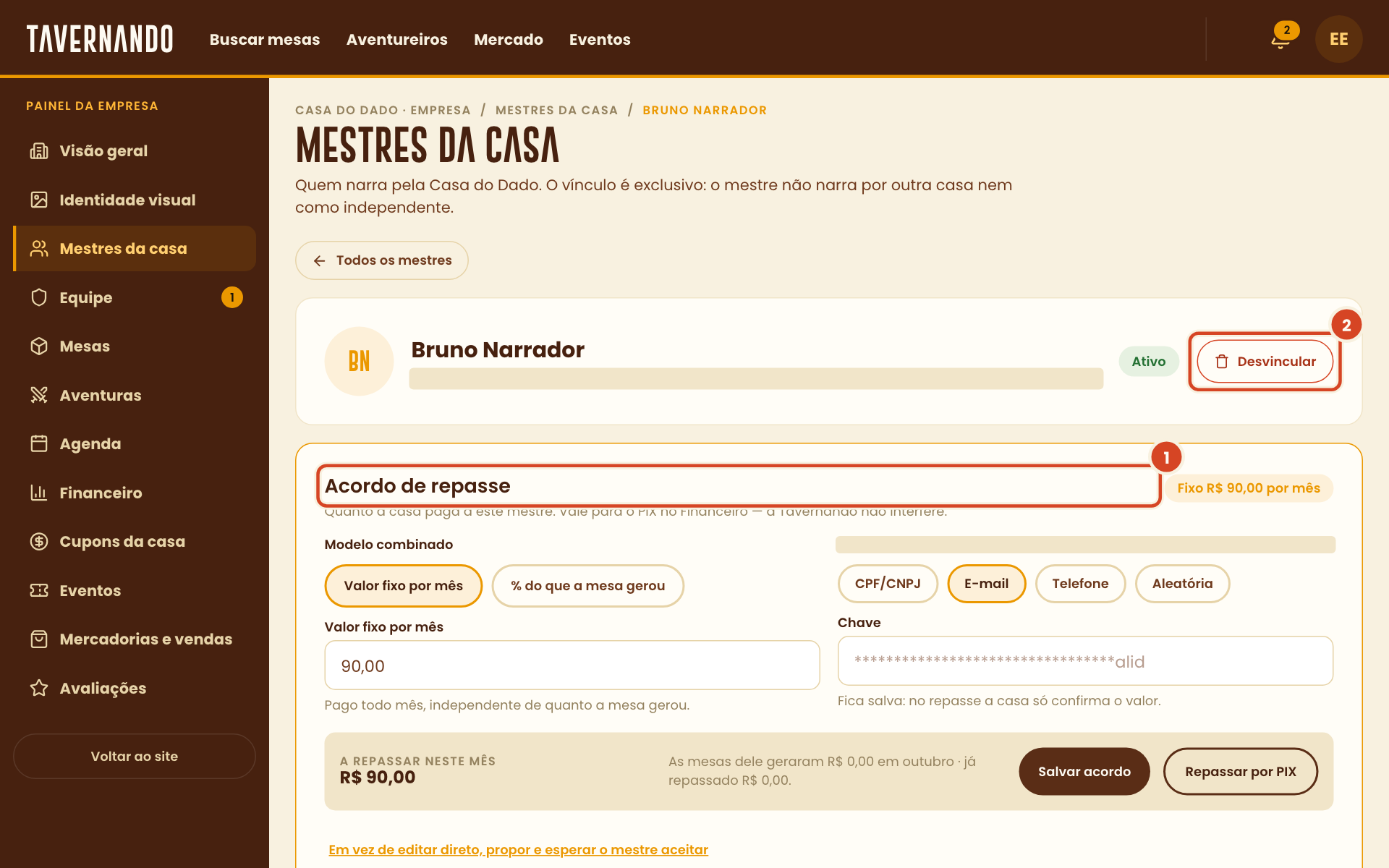 Detalhe de um mestre da casa com o Acordo de repasse e o botão Desvincular destacados