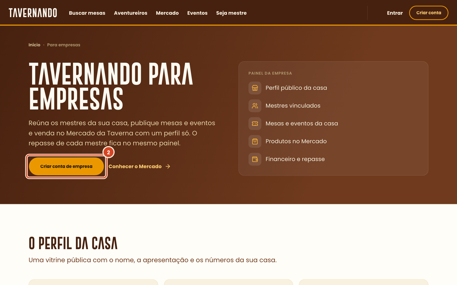 Página Para empresas com o título, o botão Criar conta de empresa e a seção Como começar destacados