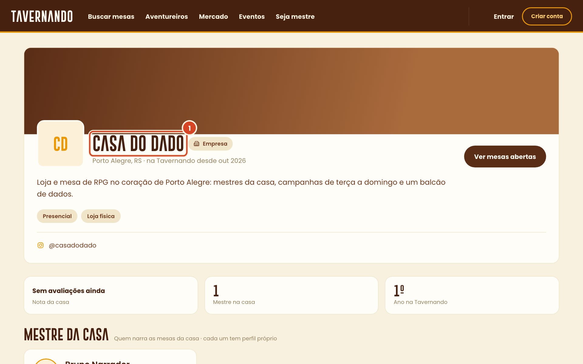 Perfil público da Casa do Dado com o nome da casa, as mesas abertas e as avaliações destacados