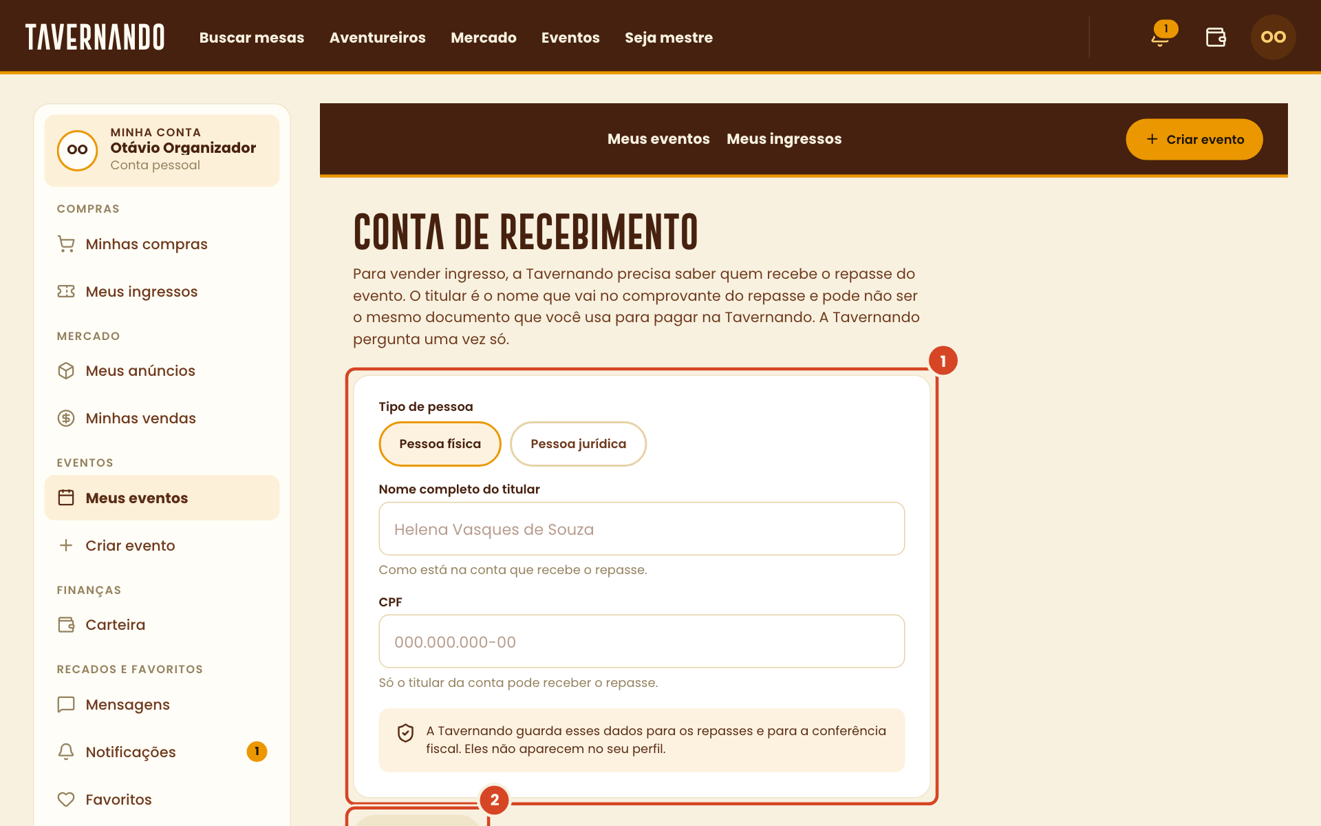 Formulário Conta de recebimento e o botão Salvar conta destacados