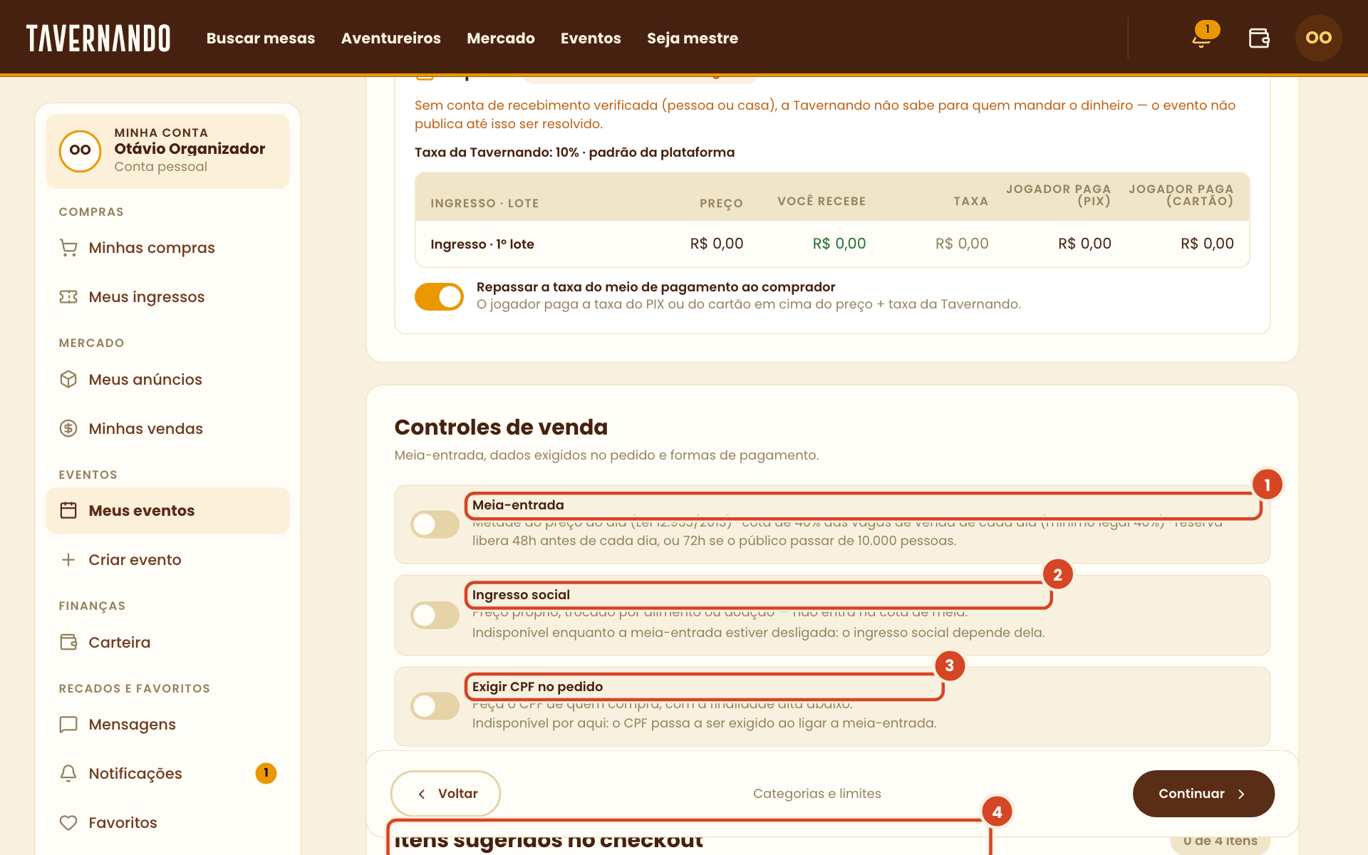 Controles de venda com meia-entrada, ingresso social, exigir CPF, itens sugeridos e o aviso de mercadorias de retirada destacados