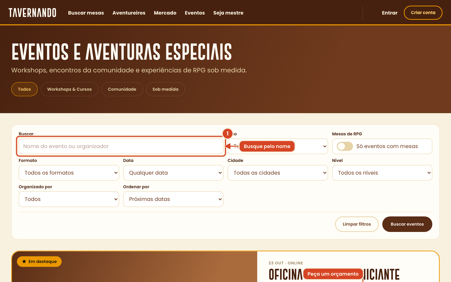 Tela Eventos e aventuras especiais com o campo de busca e o botão Pedir orçamento destacados
