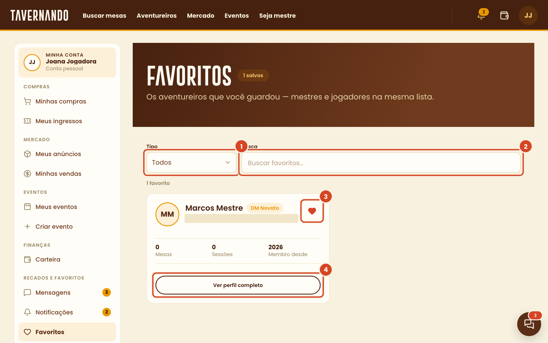 Tela de favoritos com o filtro de tipo, a busca, o coração e o botão Ver perfil completo destacados