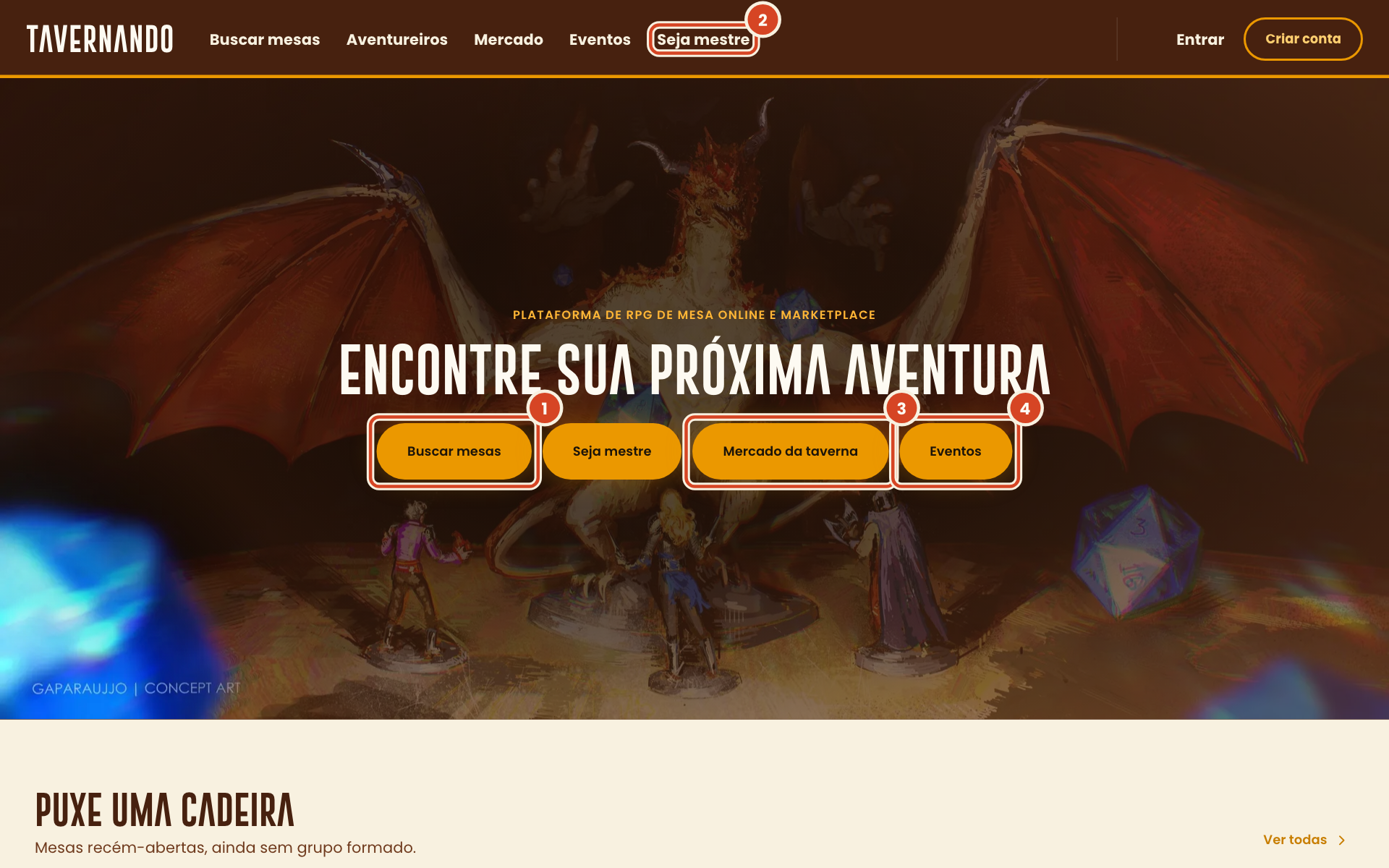 Página inicial com os quatro botões Buscar mesas, Seja mestre, Mercado da taverna e Eventos destacados