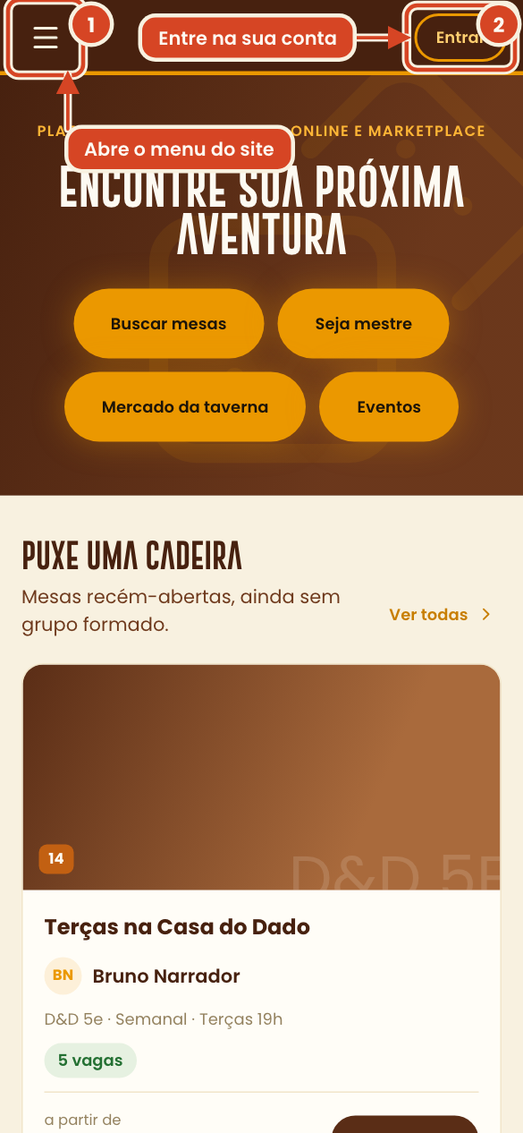 Página inicial com o menu principal, o link Entrar e o botão Criar conta destacados no cabeçalho — no celular