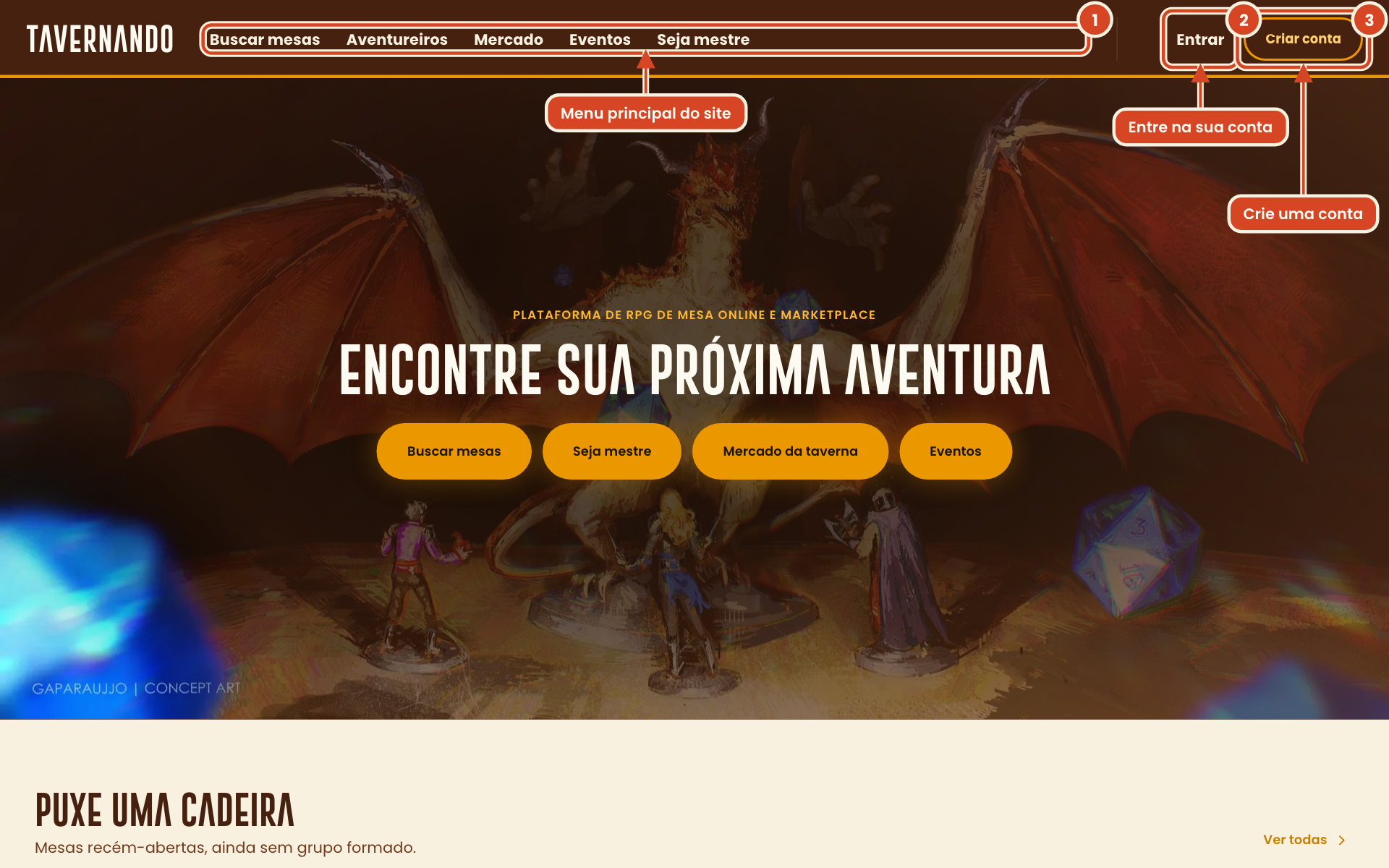 Página inicial com o menu principal, o link Entrar e o botão Criar conta destacados no cabeçalho