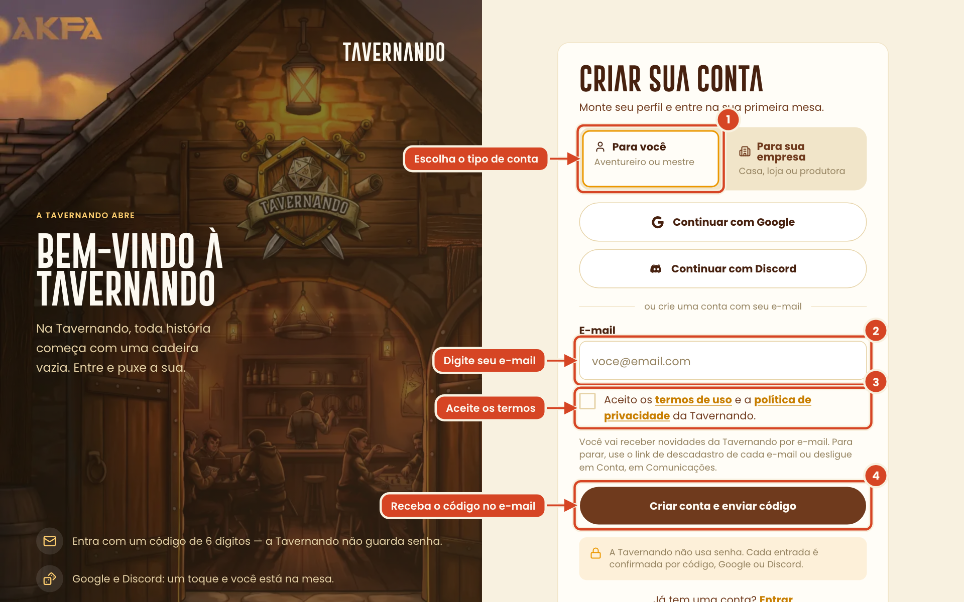 Aba Criar conta com as opções Para você e Para sua empresa, o campo de e-mail, o aceite dos termos e o botão Criar conta e enviar código destacados